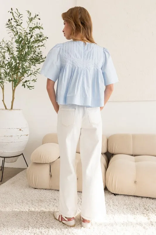 AZURE BREEZE PLEATED BLOUSE IN SKY BLUE