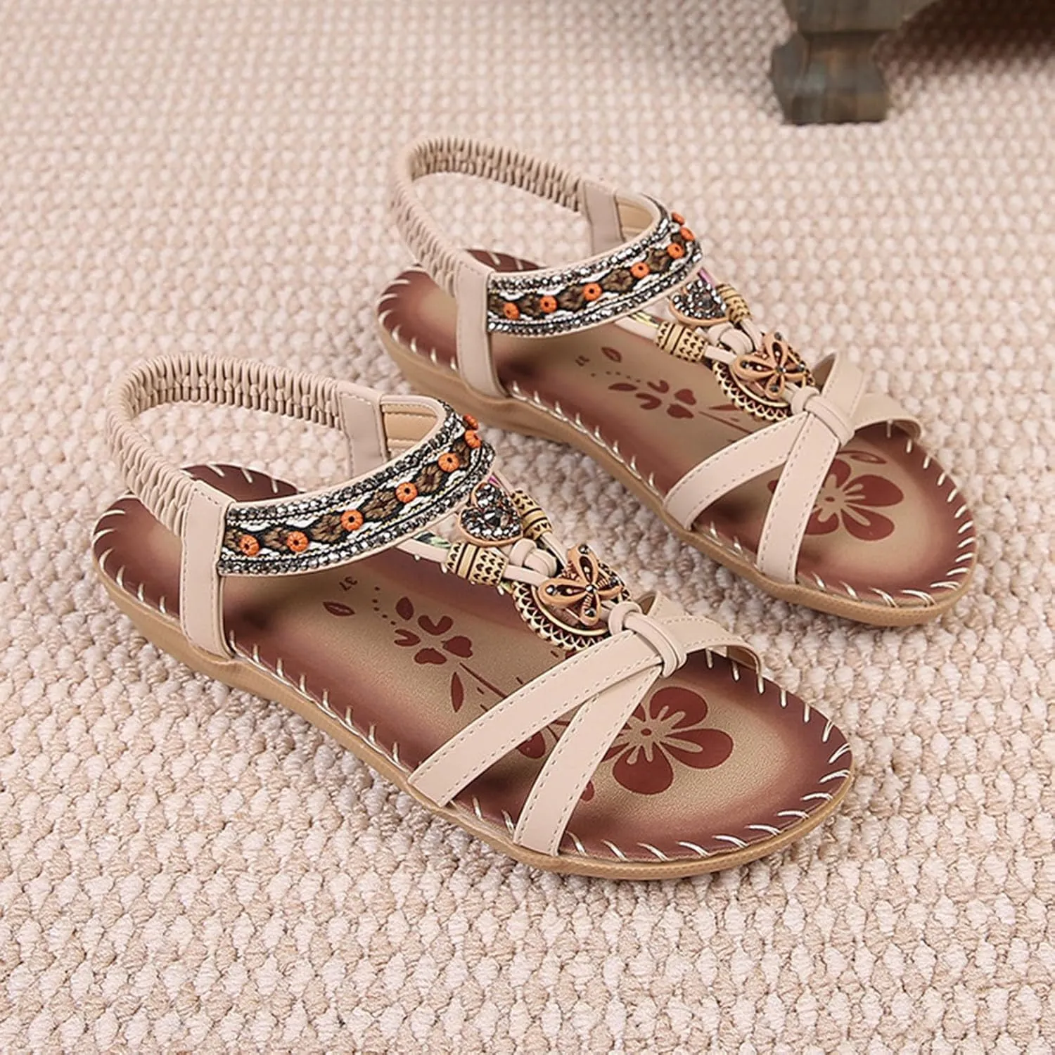 Beige Sandals for Women Shoes Comfort Walking with Non Slip on Casual Summer Beach Shoe Dress Ankle Elastic Jeweled Bohemian Flats