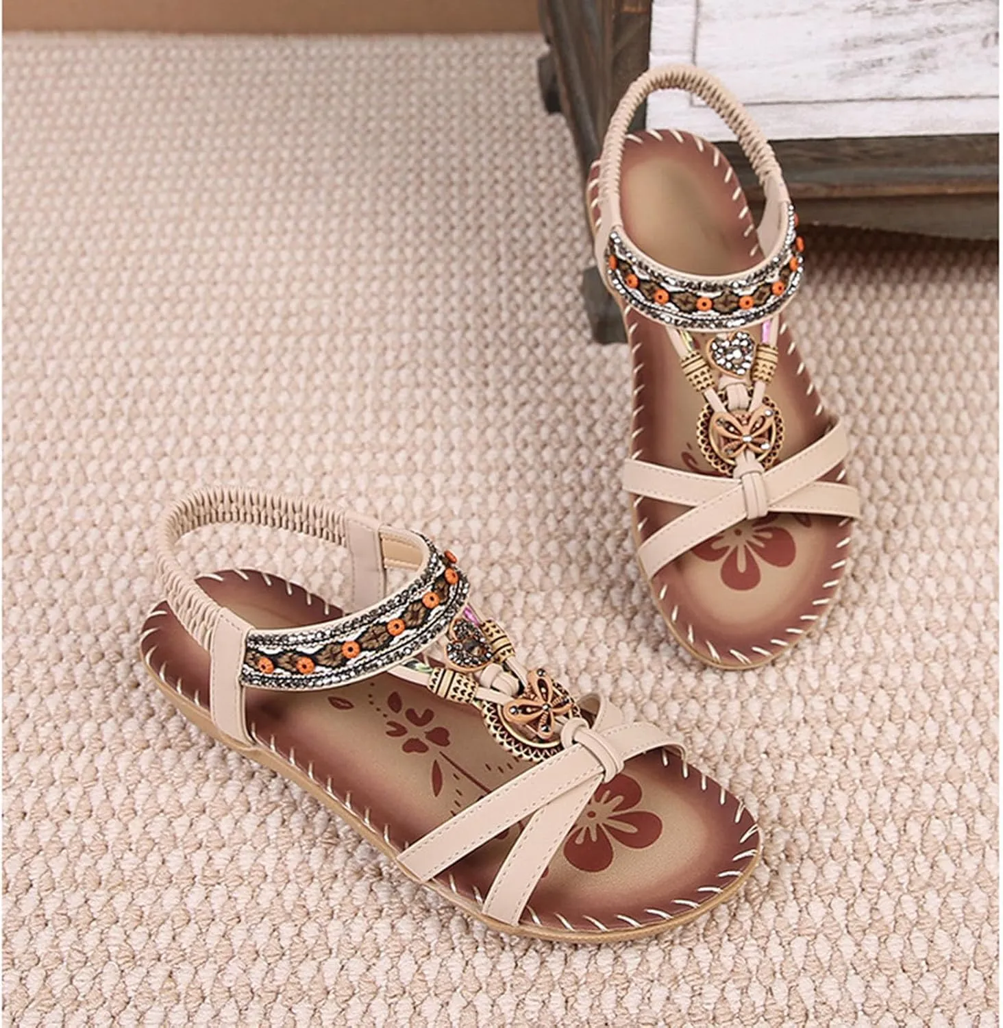 Beige Sandals for Women Shoes Comfort Walking with Non Slip on Casual Summer Beach Shoe Dress Ankle Elastic Jeweled Bohemian Flats
