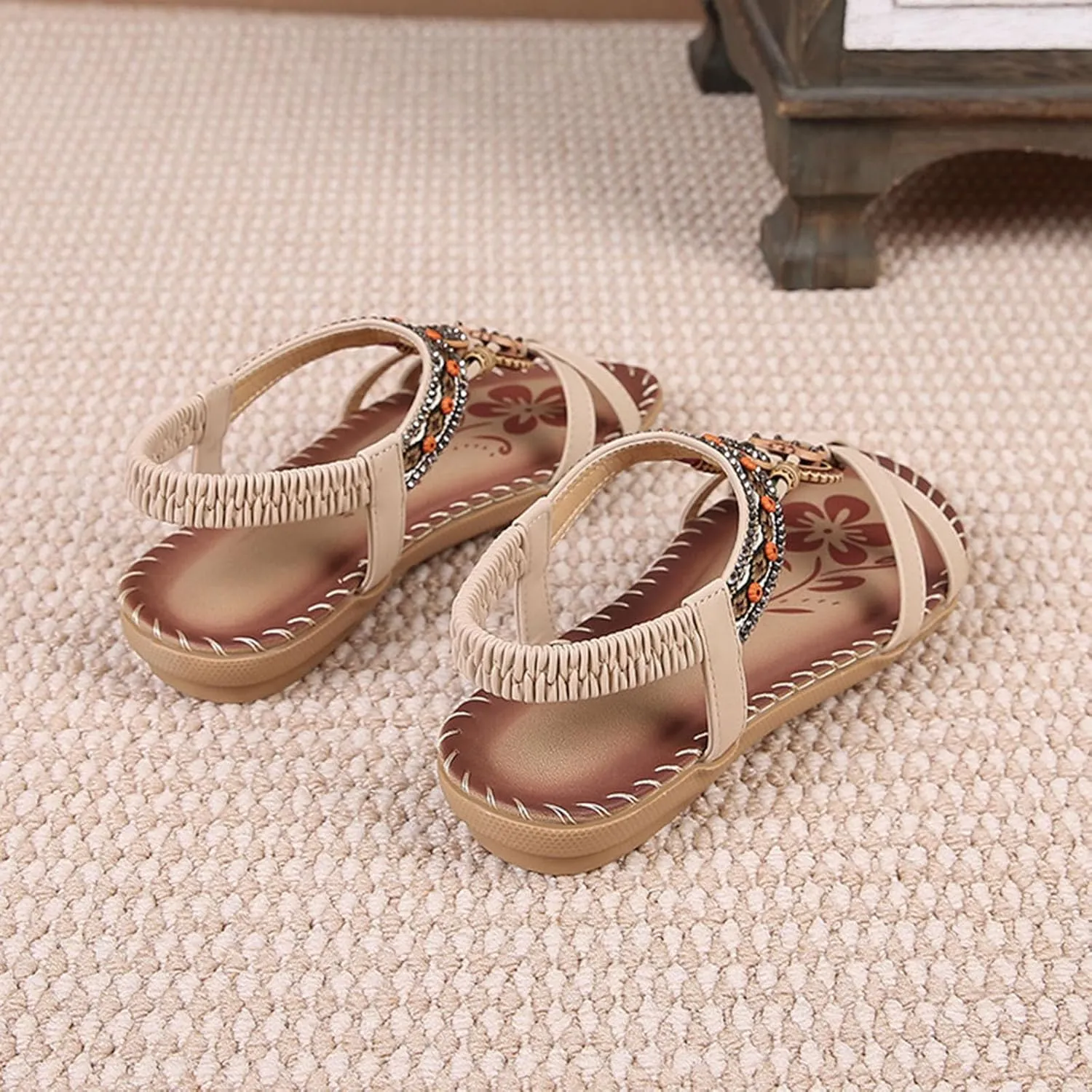Beige Sandals for Women Shoes Comfort Walking with Non Slip on Casual Summer Beach Shoe Dress Ankle Elastic Jeweled Bohemian Flats