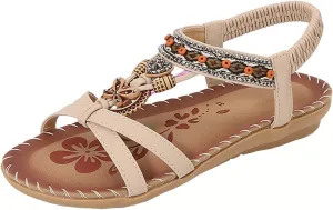 Beige Sandals for Women Shoes Comfort Walking with Non Slip on Casual Summer Beach Shoe Dress Ankle Elastic Jeweled Bohemian Flats