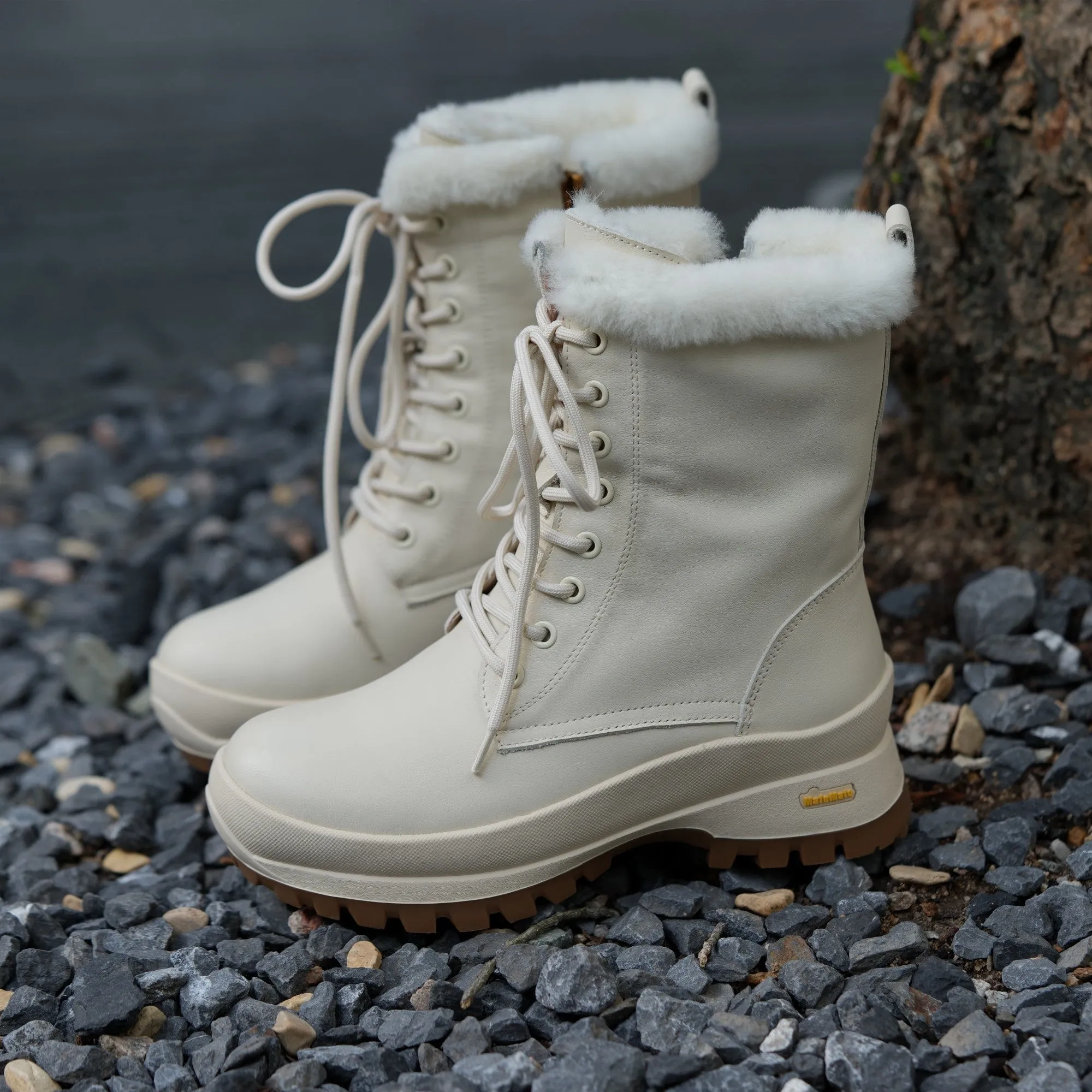 Designer Women Leather Chunky Snow Boots With Shearling Lined in Apricot/Beige/Black