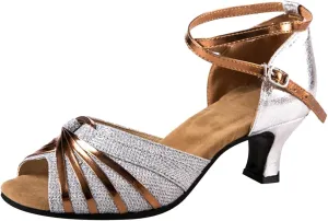 Dress Sandals Shoes for Women Leather Open Toe High Heels Ladies Gold Silver Glittering with Ankle Strap