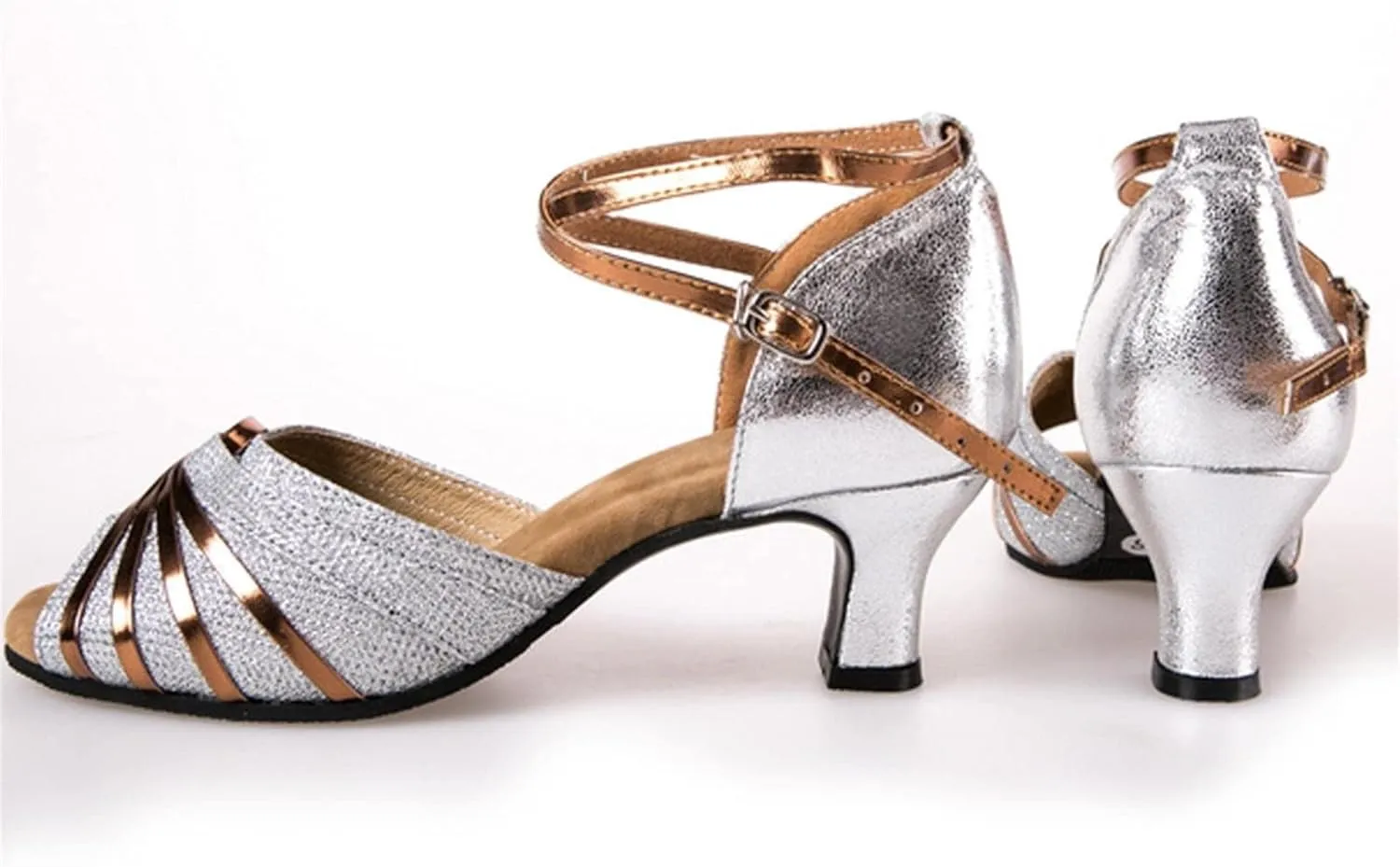Dress Sandals Shoes for Women Leather Open Toe High Heels Ladies Gold Silver Glittering with Ankle Strap