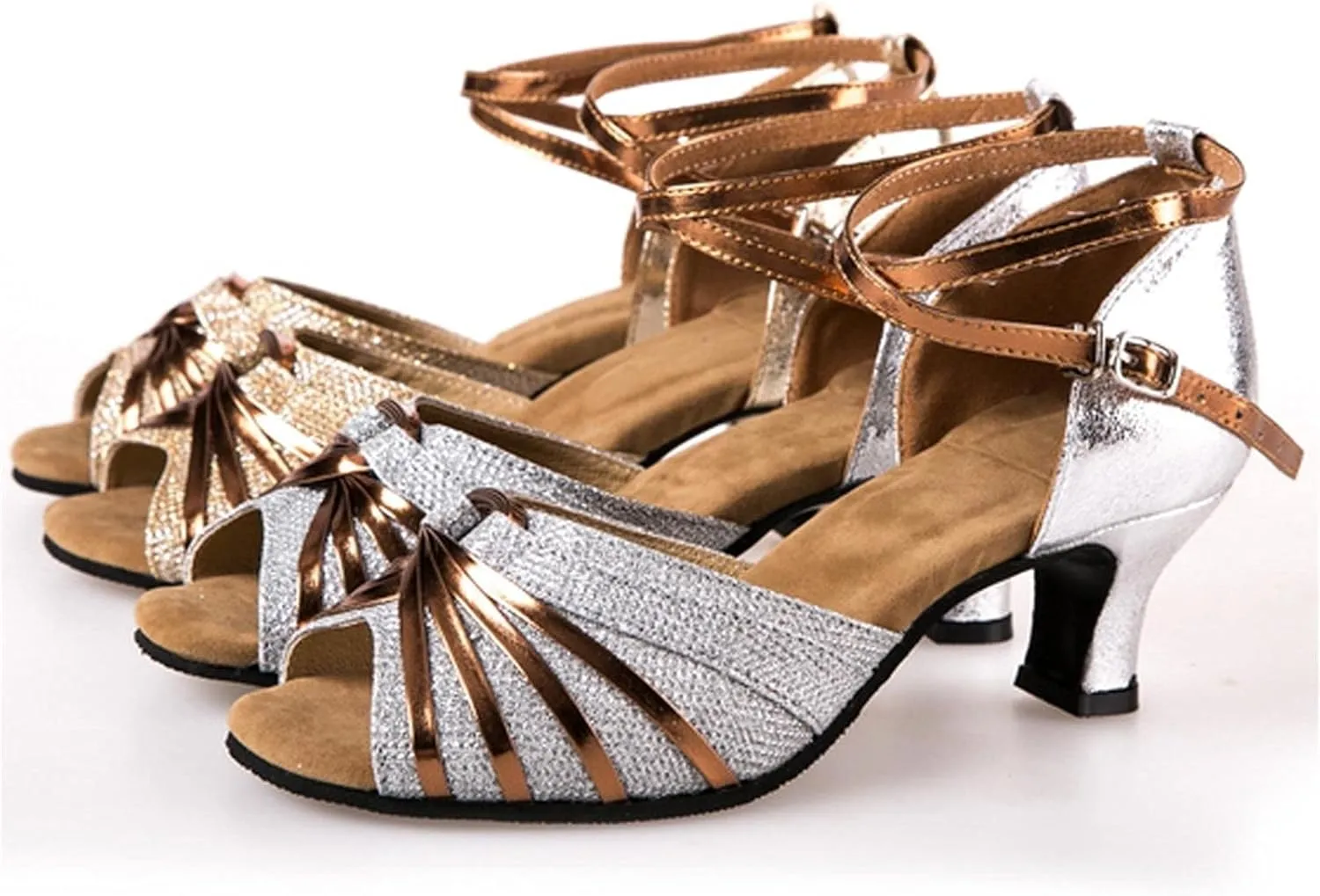 Dress Sandals Shoes for Women Leather Open Toe High Heels Ladies Gold Silver Glittering with Ankle Strap