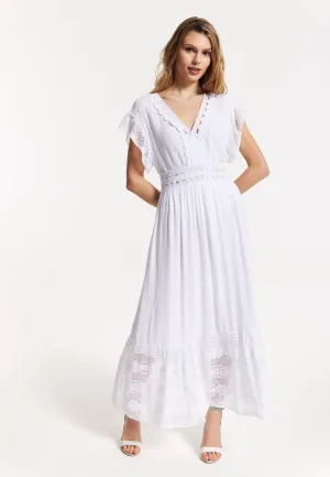 Elegant V-Neck White Lace Maxi Dress