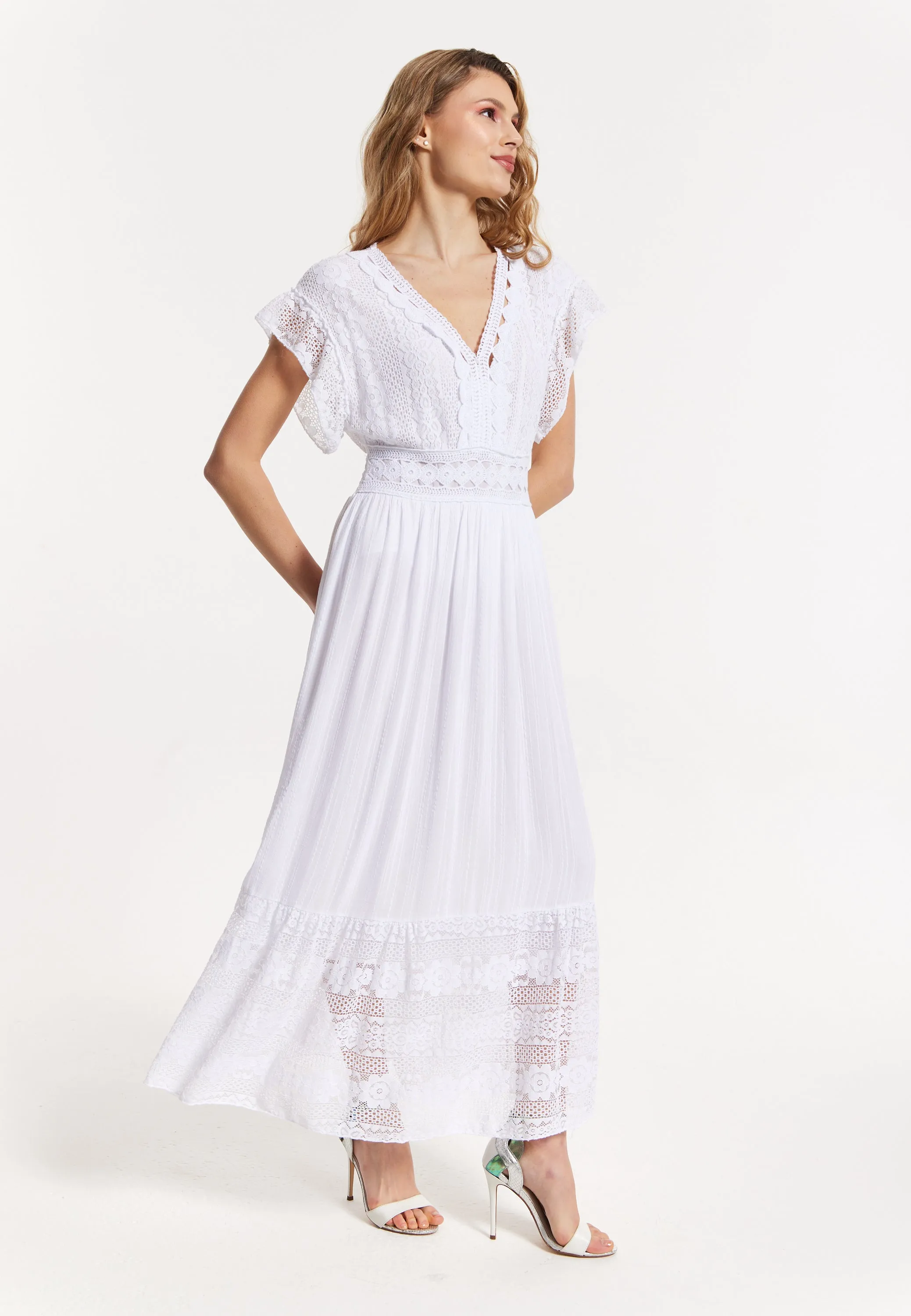 Elegant V-Neck White Lace Maxi Dress