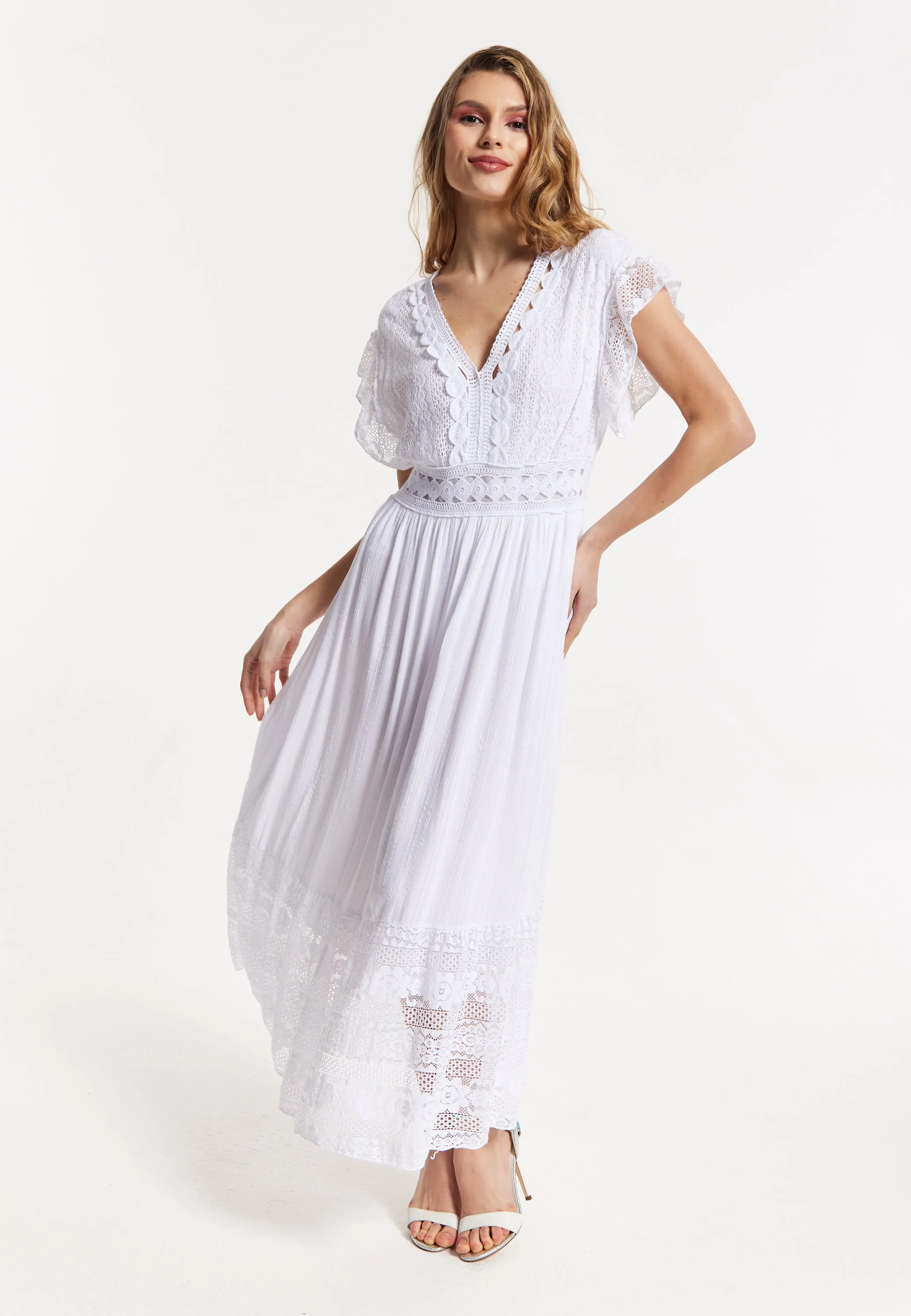 Elegant V-Neck White Lace Maxi Dress