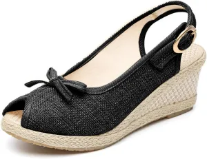 Espadrille Sandals for Women 2025 Summer Platform Wedge Sandals, Closed Toe Ankle Strap Wedges with Arch Support Fashion Bow Open Toe Sandal Casual Slip On Flat