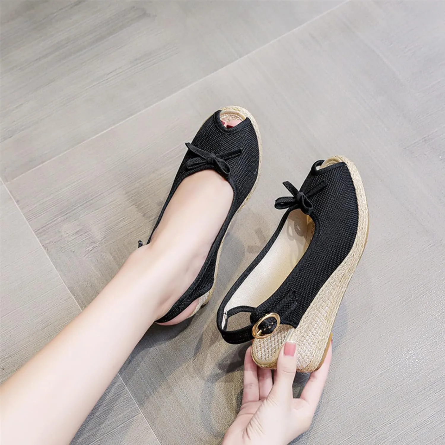 Espadrille Sandals for Women 2025 Summer Platform Wedge Sandals, Closed Toe Ankle Strap Wedges with Arch Support Fashion Bow Open Toe Sandal Casual Slip On Flat