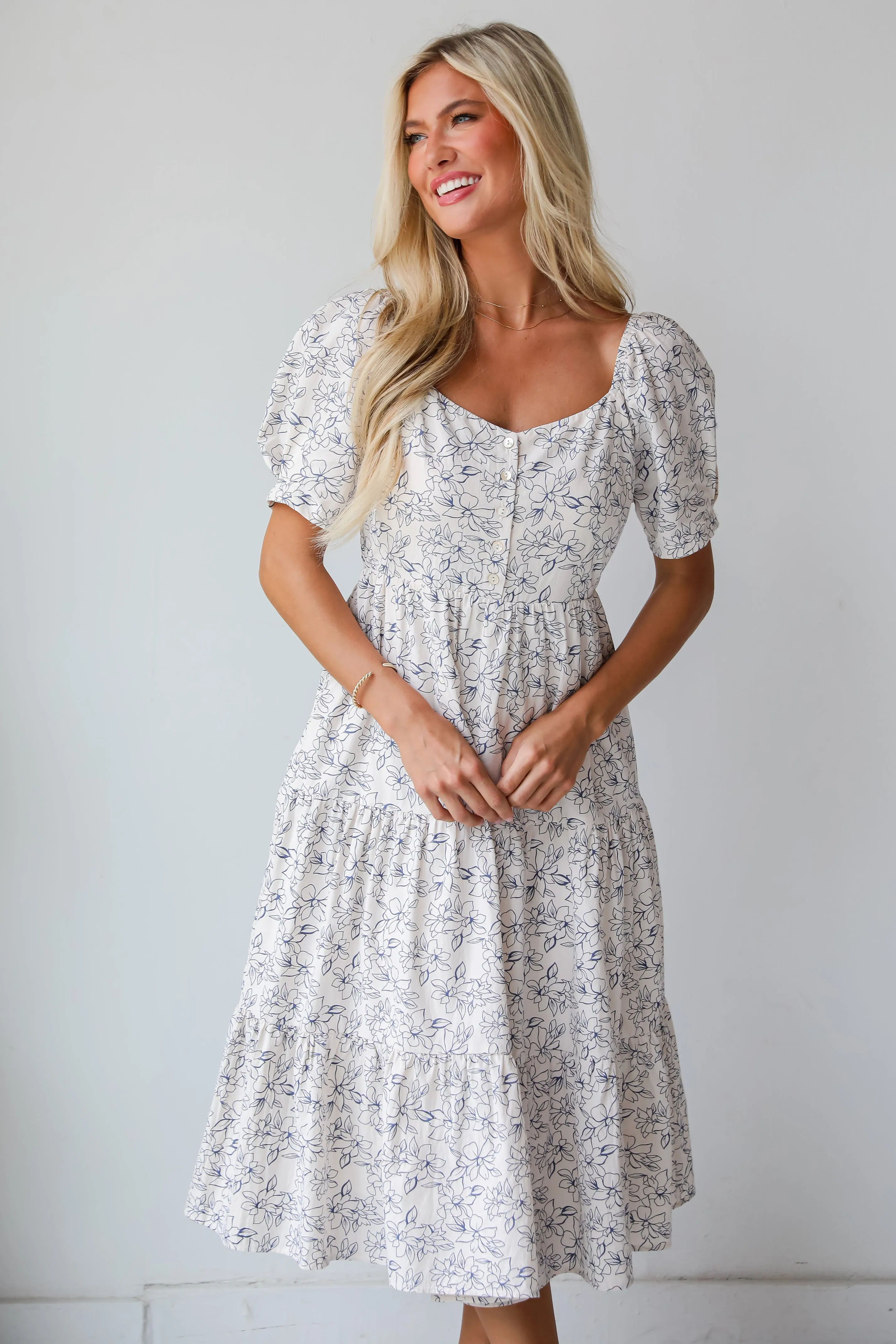FINAL SALE - True Charm White Tiered Floral Midi Dress