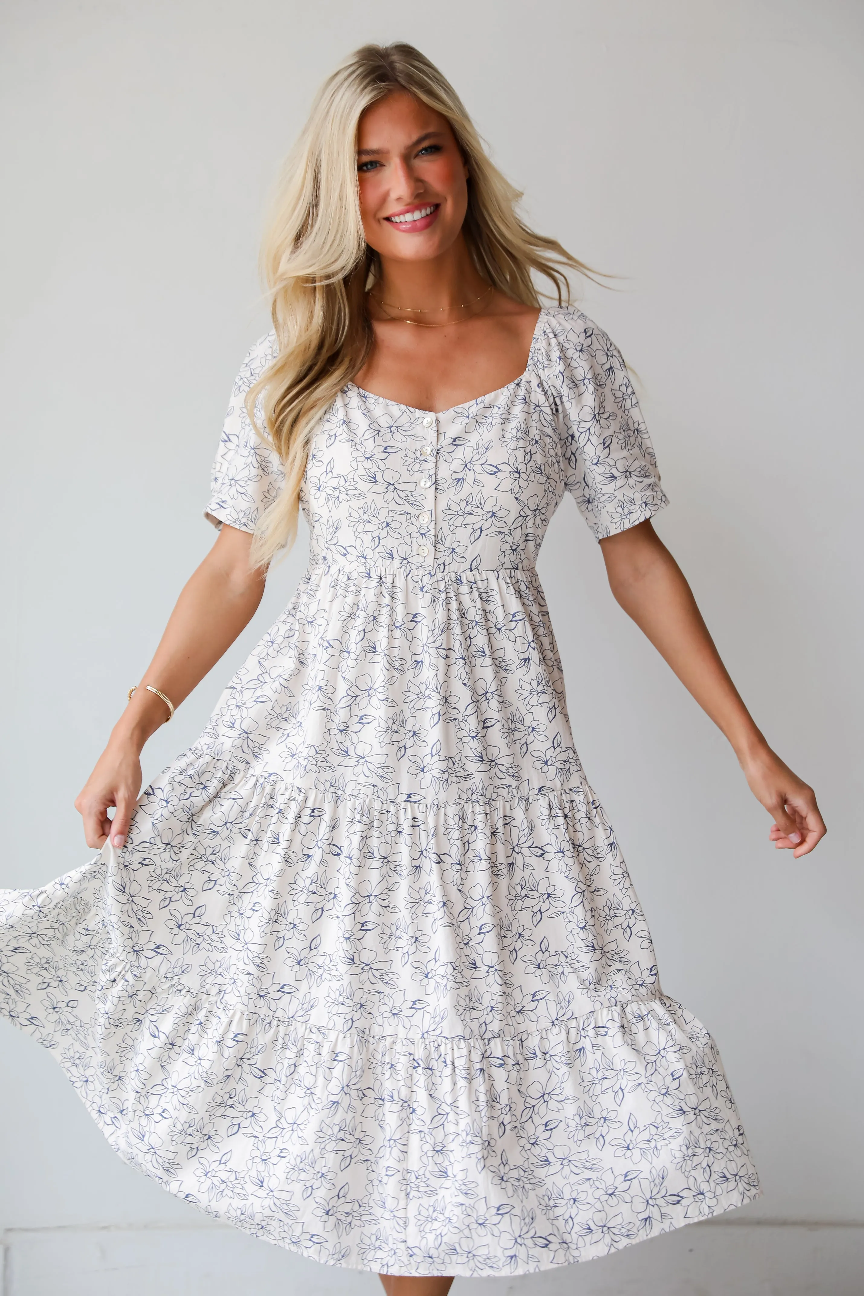 FINAL SALE - True Charm White Tiered Floral Midi Dress
