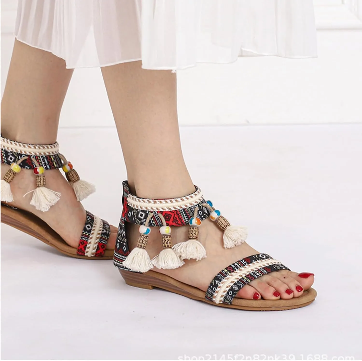 Flat Sandals for Women Open Toe Rhinestones Beaded Embellished Gladiator Sandals Bohemian Ethnic Style Dressy Sandal Summer Flat Braided Shoes with Zipper Closure