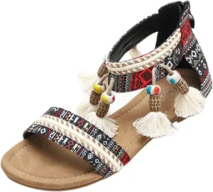 Flat Sandals for Women Open Toe Rhinestones Beaded Embellished Gladiator Sandals Bohemian Ethnic Style Dressy Sandal Summer Flat Braided Shoes with Zipper Closure