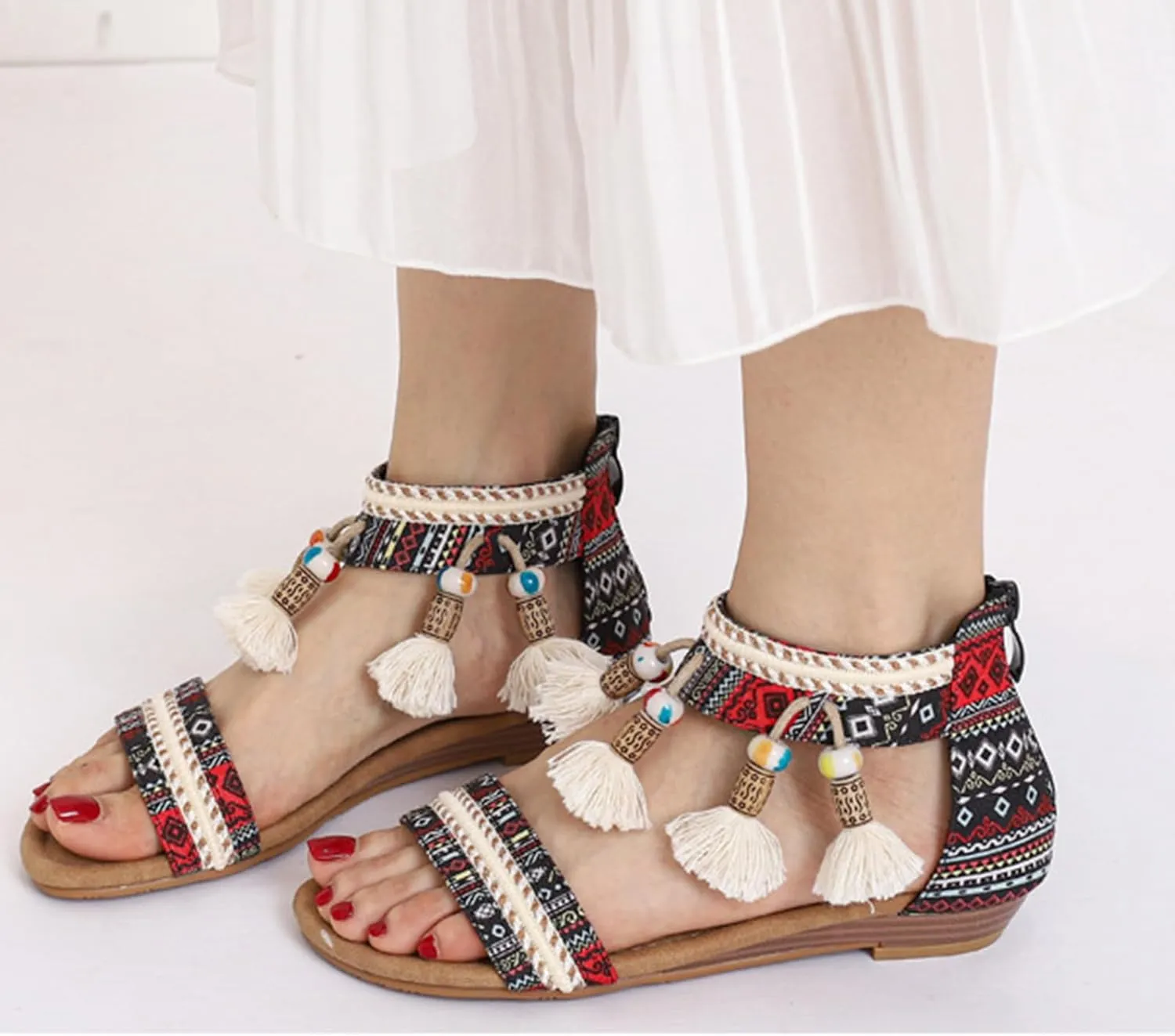 Flat Sandals for Women Open Toe Rhinestones Beaded Embellished Gladiator Sandals Bohemian Ethnic Style Dressy Sandal Summer Flat Braided Shoes with Zipper Closure