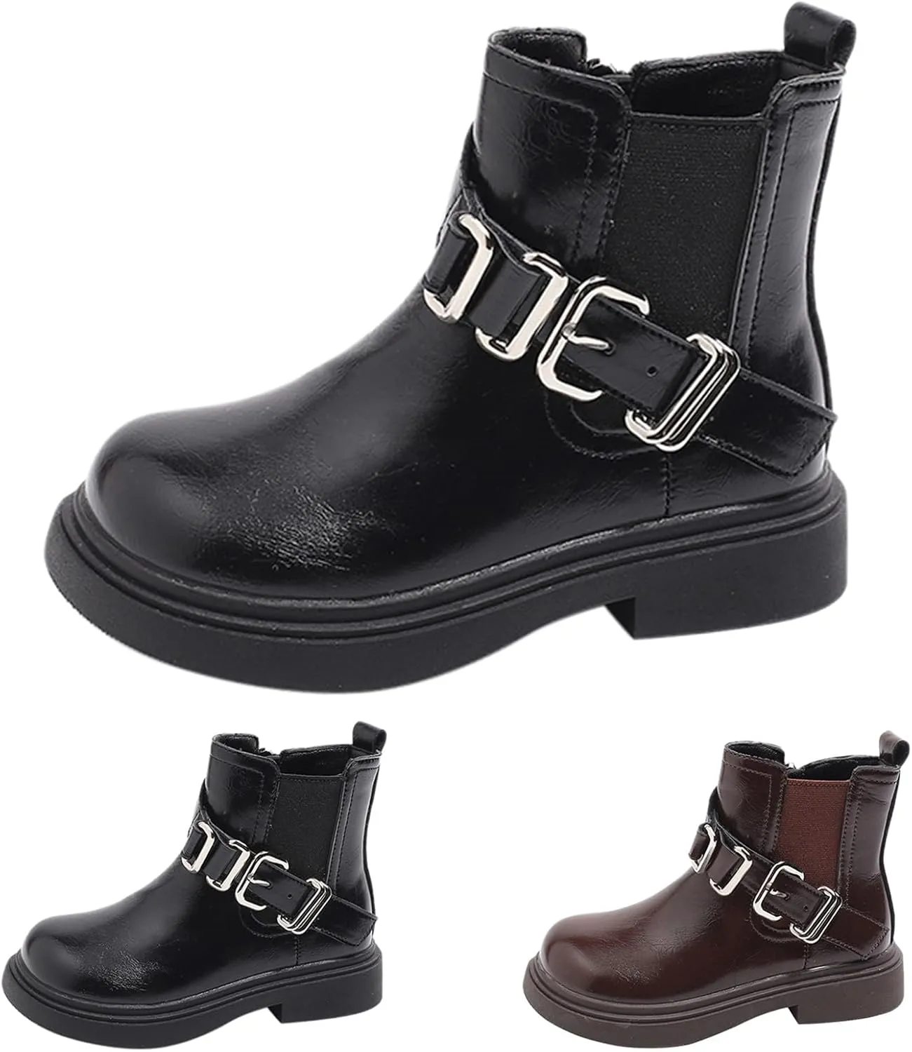 Girls Buckle Ankle Boots with Side Zipper Low Heel Soft Rubber Bottom Fashion Hiking Shoes for Toddler Girl Booties