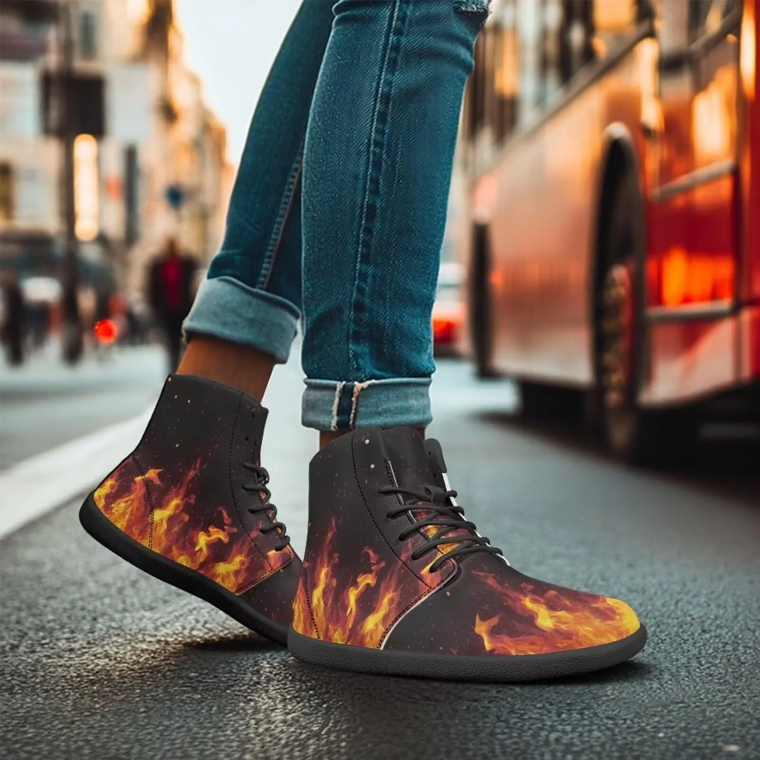 High Top Lightning Flame Pattern Zero-Drop Barefoot Shoes PU Leather Running Shoes Grounding Shoes for Men