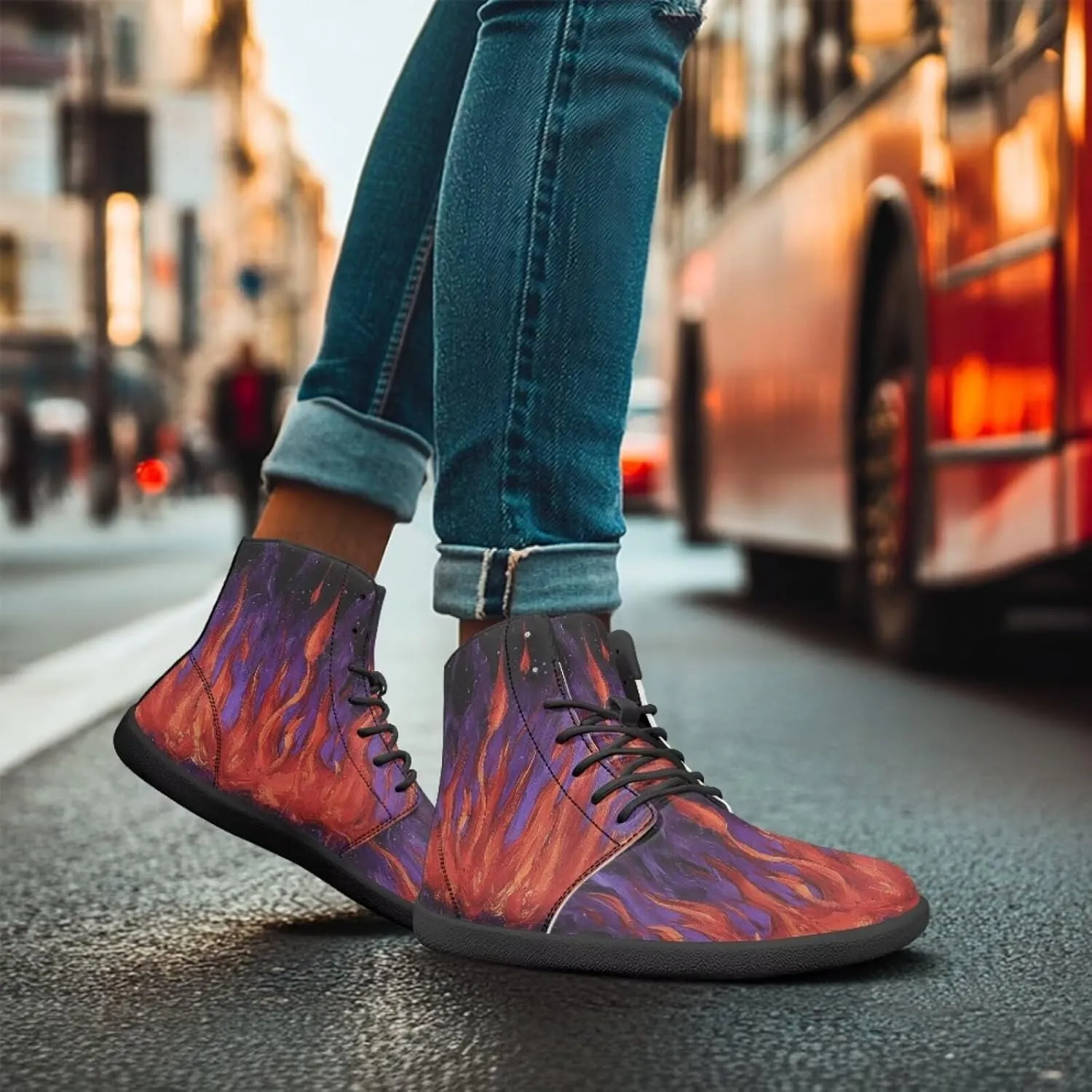 High Top Lightning Flame Pattern Zero-Drop Barefoot Shoes PU Leather Running Shoes Grounding Shoes for Men