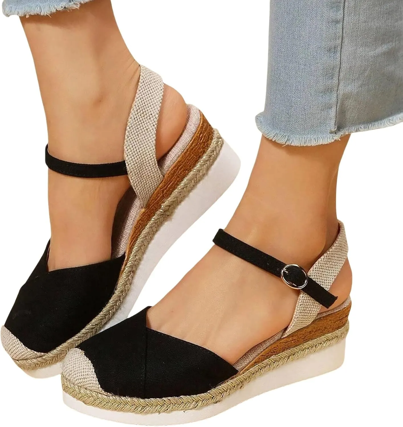 Kubbon Closed Toe Sandals Women Elastic Ankle Strap Espadrills Casual Platform Wedge Sandals Slip On Summer Sandles Outdoor Walking Shoes