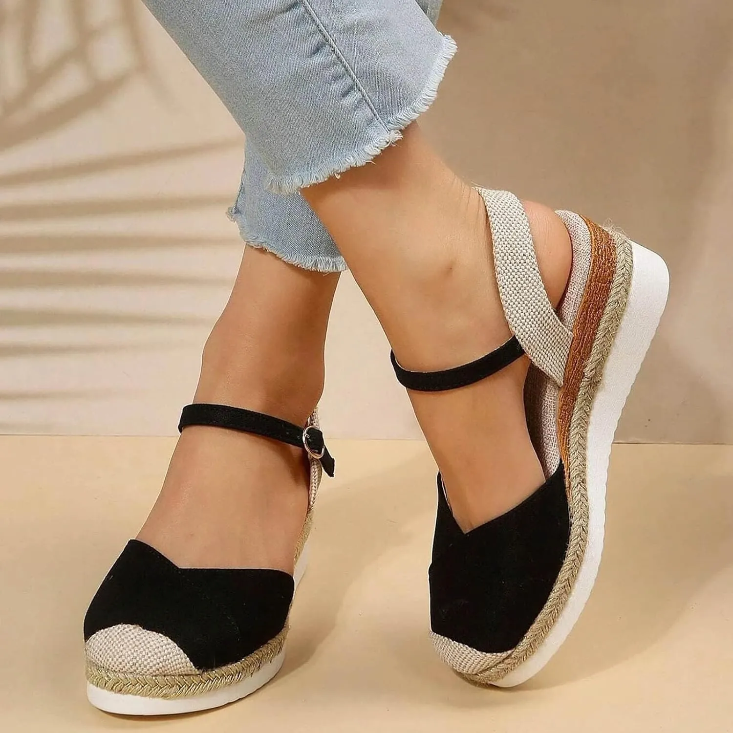 Kubbon Closed Toe Sandals Women Elastic Ankle Strap Espadrills Casual Platform Wedge Sandals Slip On Summer Sandles Outdoor Walking Shoes