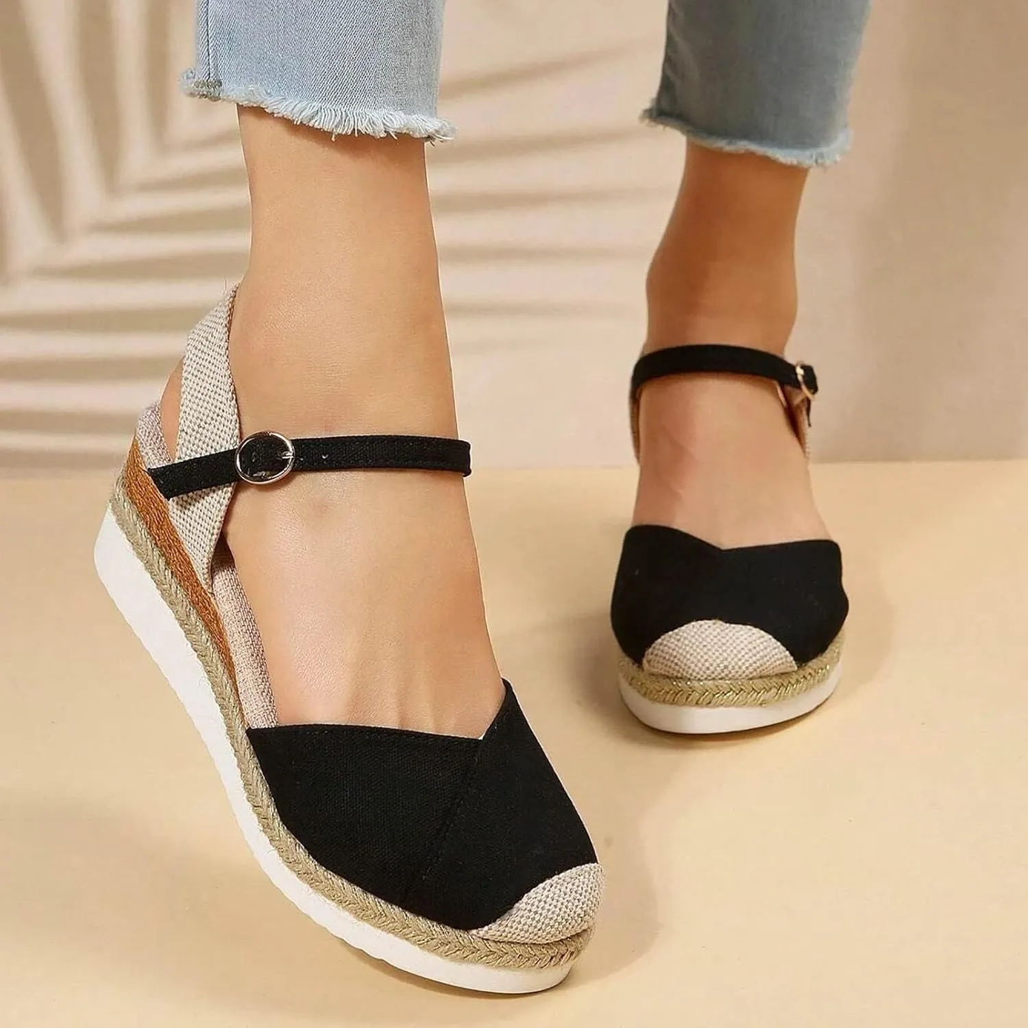 Kubbon Closed Toe Sandals Women Elastic Ankle Strap Espadrills Casual Platform Wedge Sandals Slip On Summer Sandles Outdoor Walking Shoes