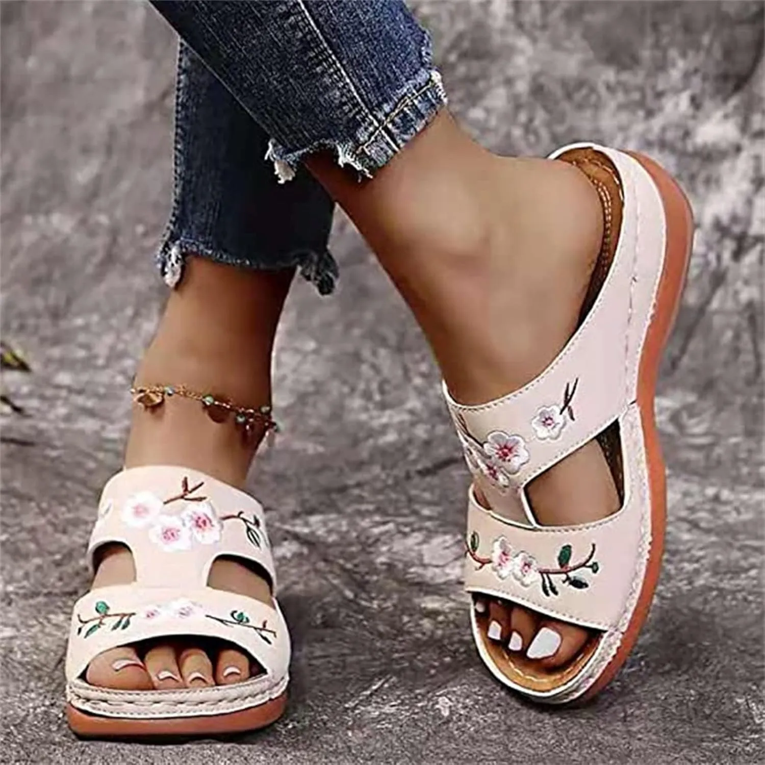 Ladmiple Sandals Women 2023 Fashion Floral Orthopedic Flip Flops with Arch Support Slippers Roman Casual Open Toe Shoes