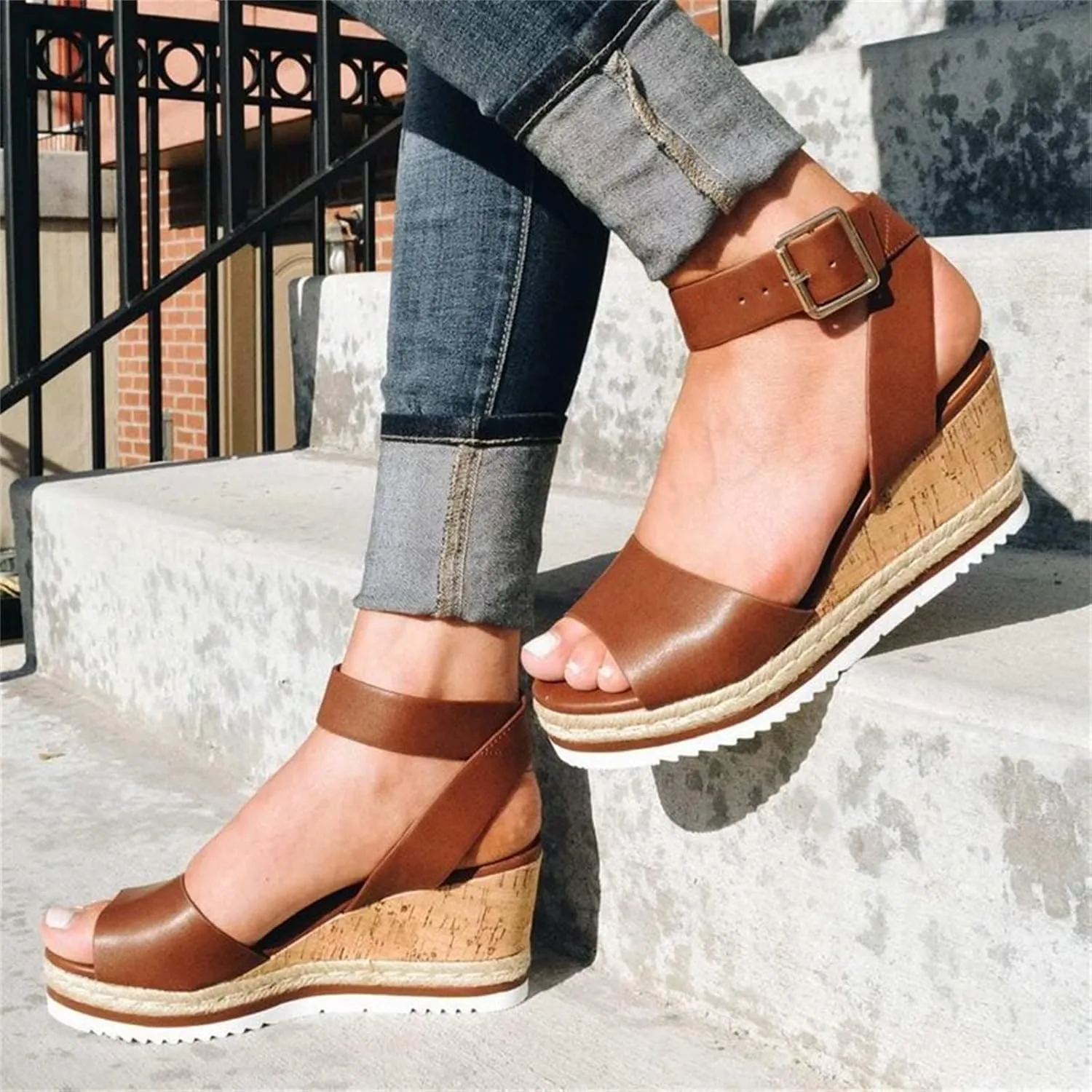 Ladmiple Summer Sandals for Women 2023 Fashion Floral Platform Ankle Strap Wedge Sandals Open Toe Comfy High Heel Shoes