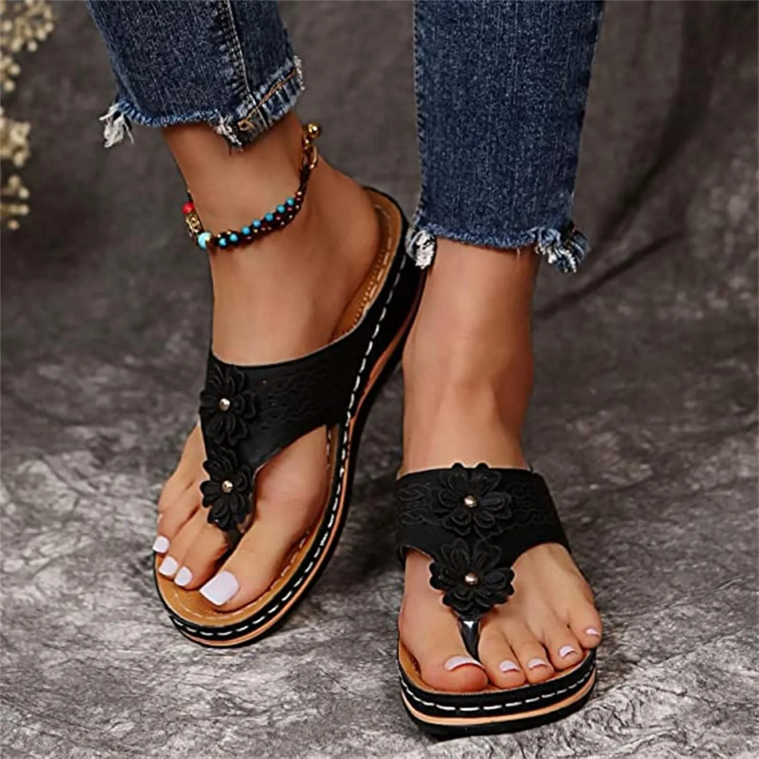 Ladmiple Womens Casual Summer Fashion Orthopedic Platform Flip Flops Arch Support Roman Clip Toe Slip On Slippers Shoes