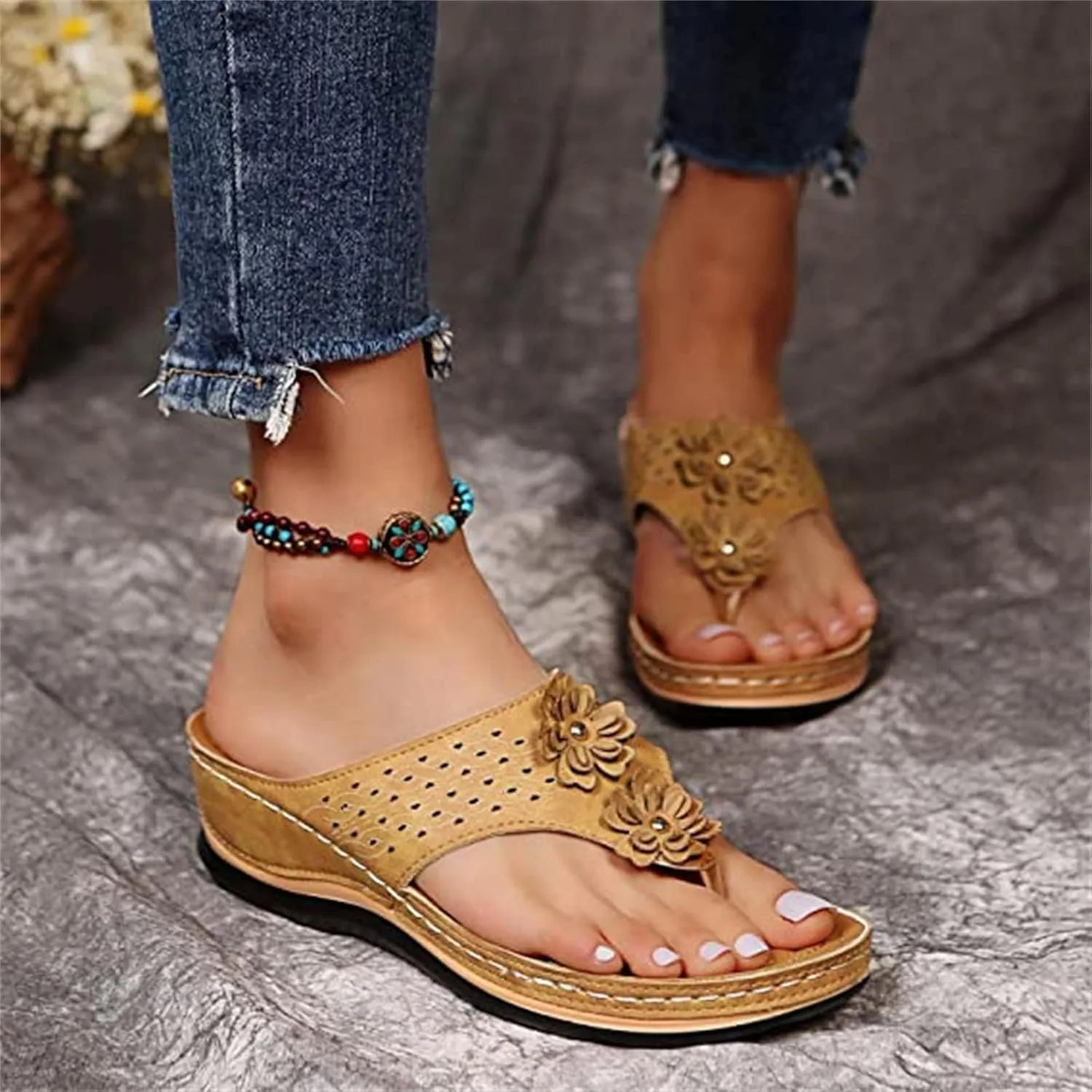 Ladmiple Womens Casual Summer Fashion Orthopedic Platform Flip Flops Arch Support Roman Clip Toe Slip On Slippers Shoes