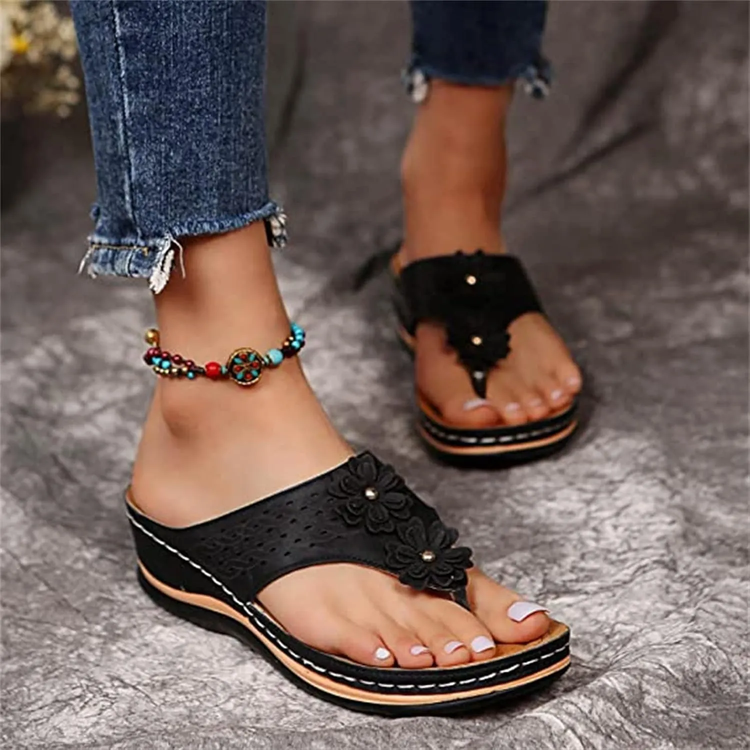 Ladmiple Womens Casual Summer Fashion Orthopedic Platform Flip Flops Arch Support Roman Clip Toe Slip On Slippers Shoes