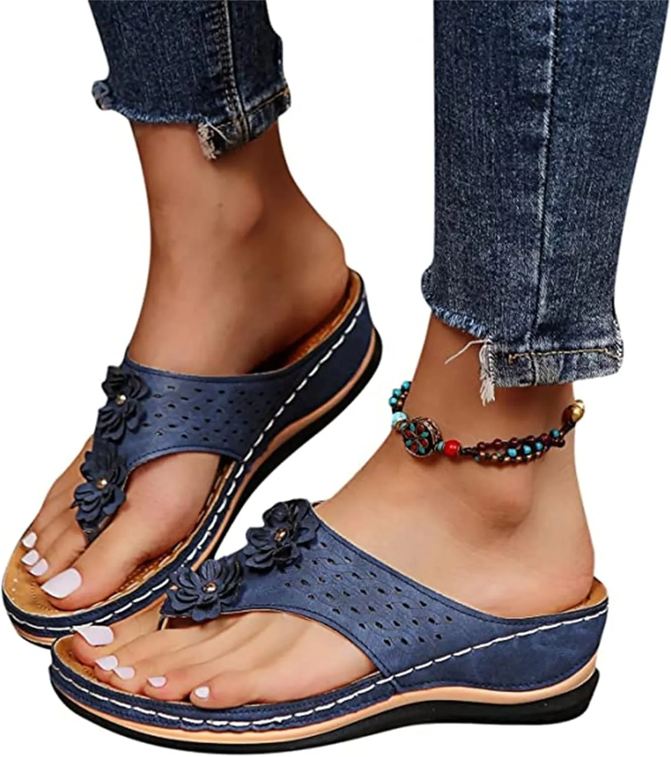 Ladmiple Womens Casual Summer Fashion Orthopedic Platform Flip Flops Arch Support Roman Clip Toe Slip On Slippers Shoes