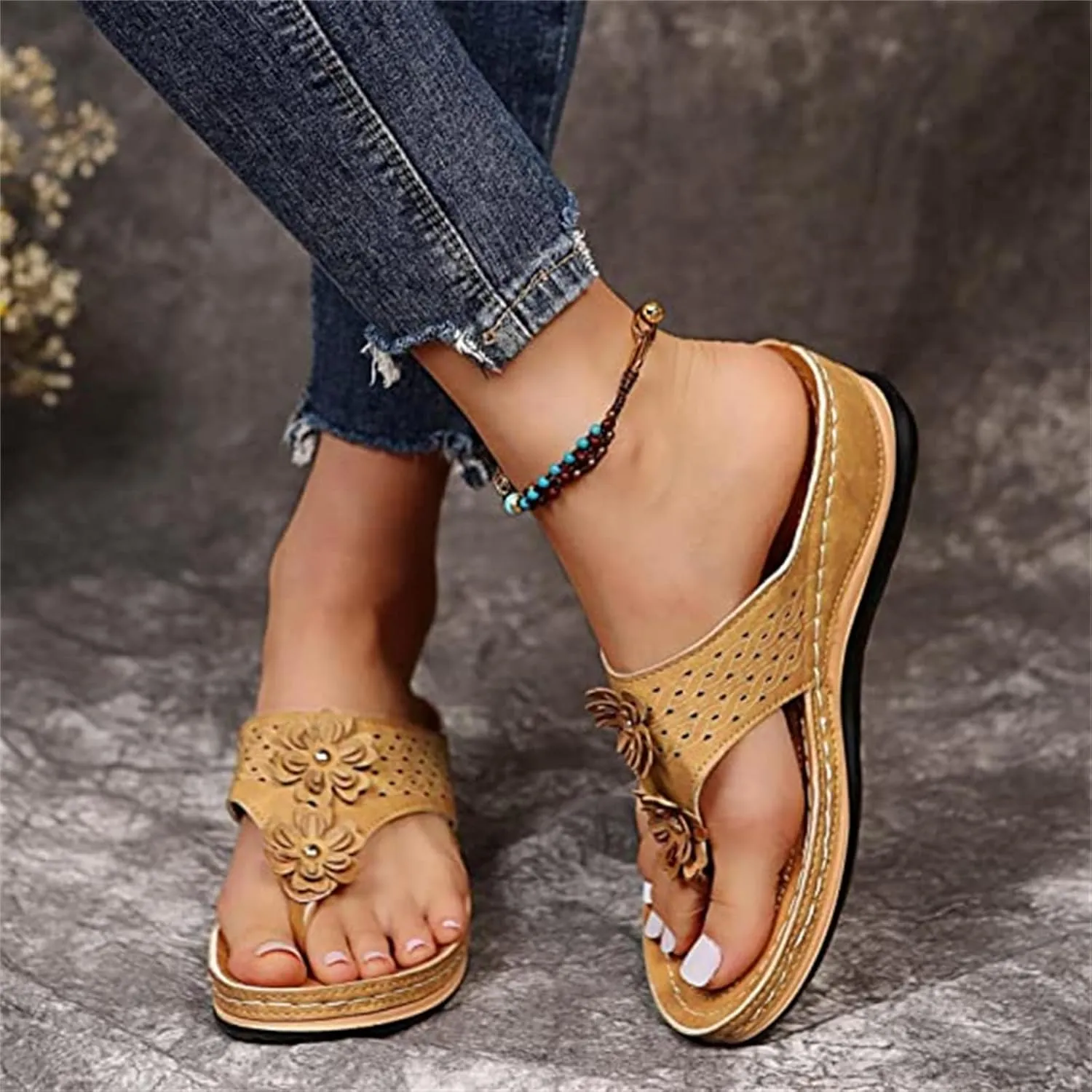 Ladmiple Womens Casual Summer Fashion Orthopedic Platform Flip Flops Arch Support Roman Clip Toe Slip On Slippers Shoes