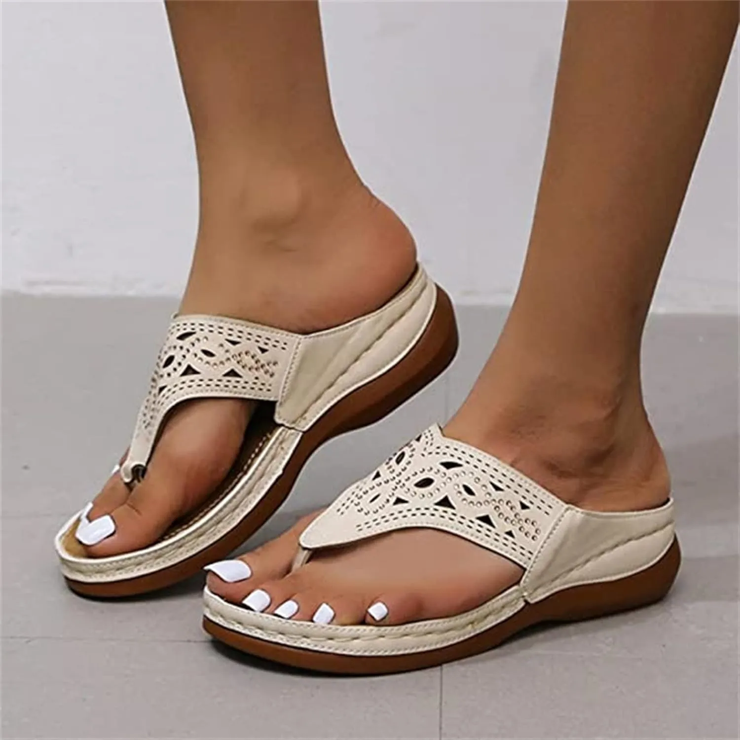 Ladmiple Womens Casual Summer Hollow Out Orthopedic Platform Flip Flops Arch Support Beach Roman Clip Toe Slip On Shoes