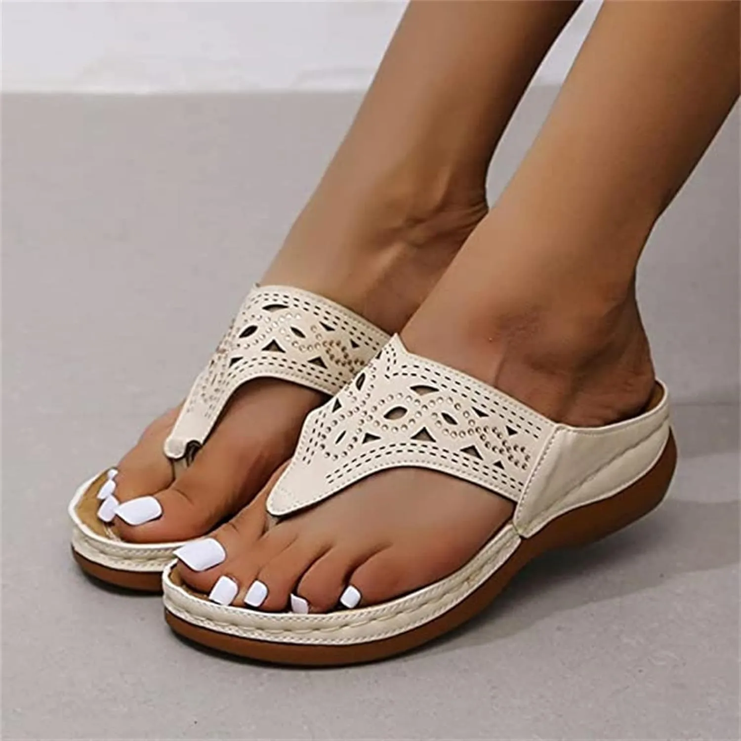 Ladmiple Womens Casual Summer Hollow Out Orthopedic Platform Flip Flops Arch Support Beach Roman Clip Toe Slip On Shoes