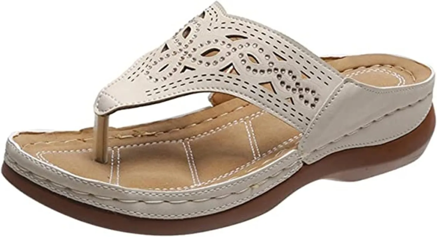 Ladmiple Womens Casual Summer Hollow Out Orthopedic Platform Flip Flops Arch Support Beach Roman Clip Toe Slip On Shoes
