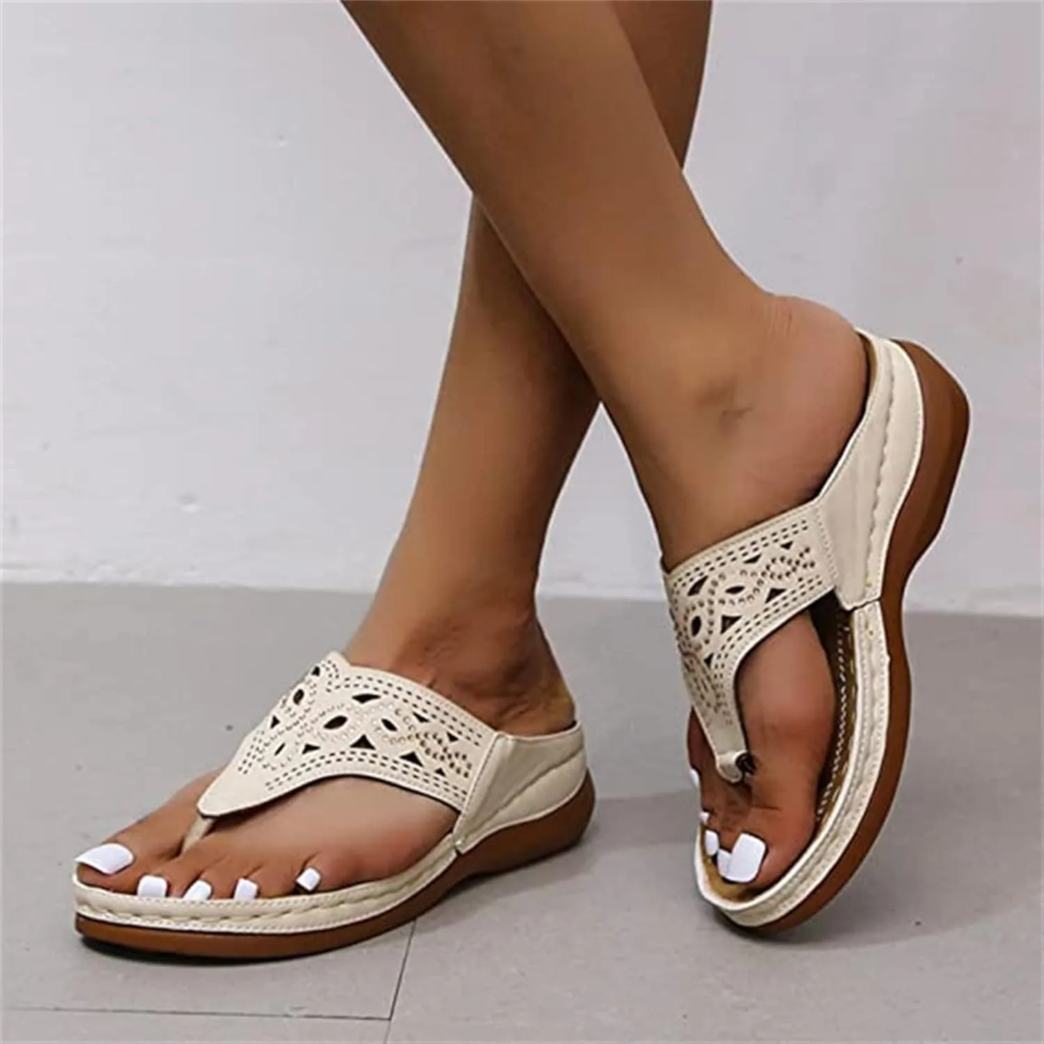 Ladmiple Womens Casual Summer Hollow Out Orthopedic Platform Flip Flops Arch Support Beach Roman Clip Toe Slip On Shoes