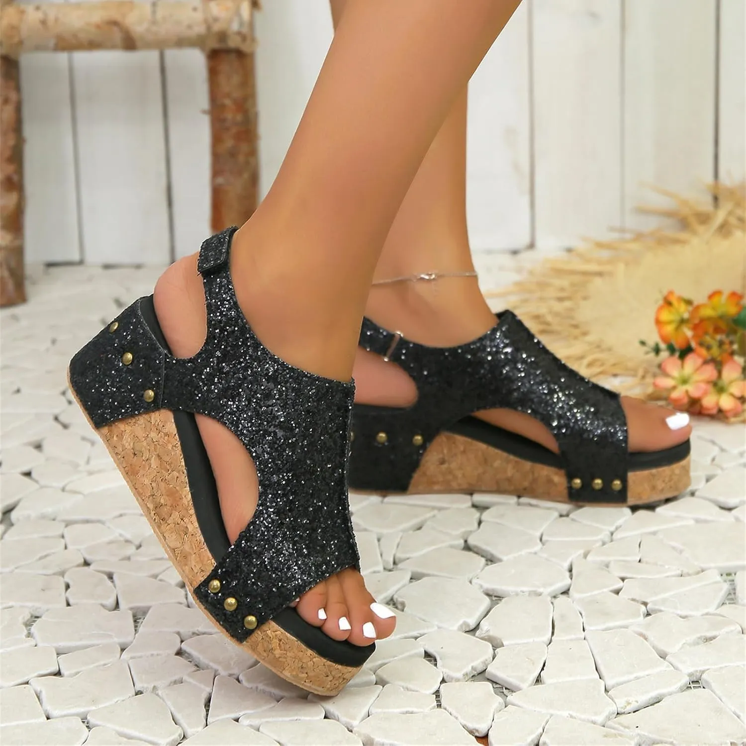 Ladmiple Womens Sandals Comfortable Dressy Wedge Heel Open Toe Ankle Strap Rhinestone Flatform Platform Summer Dress Shoes