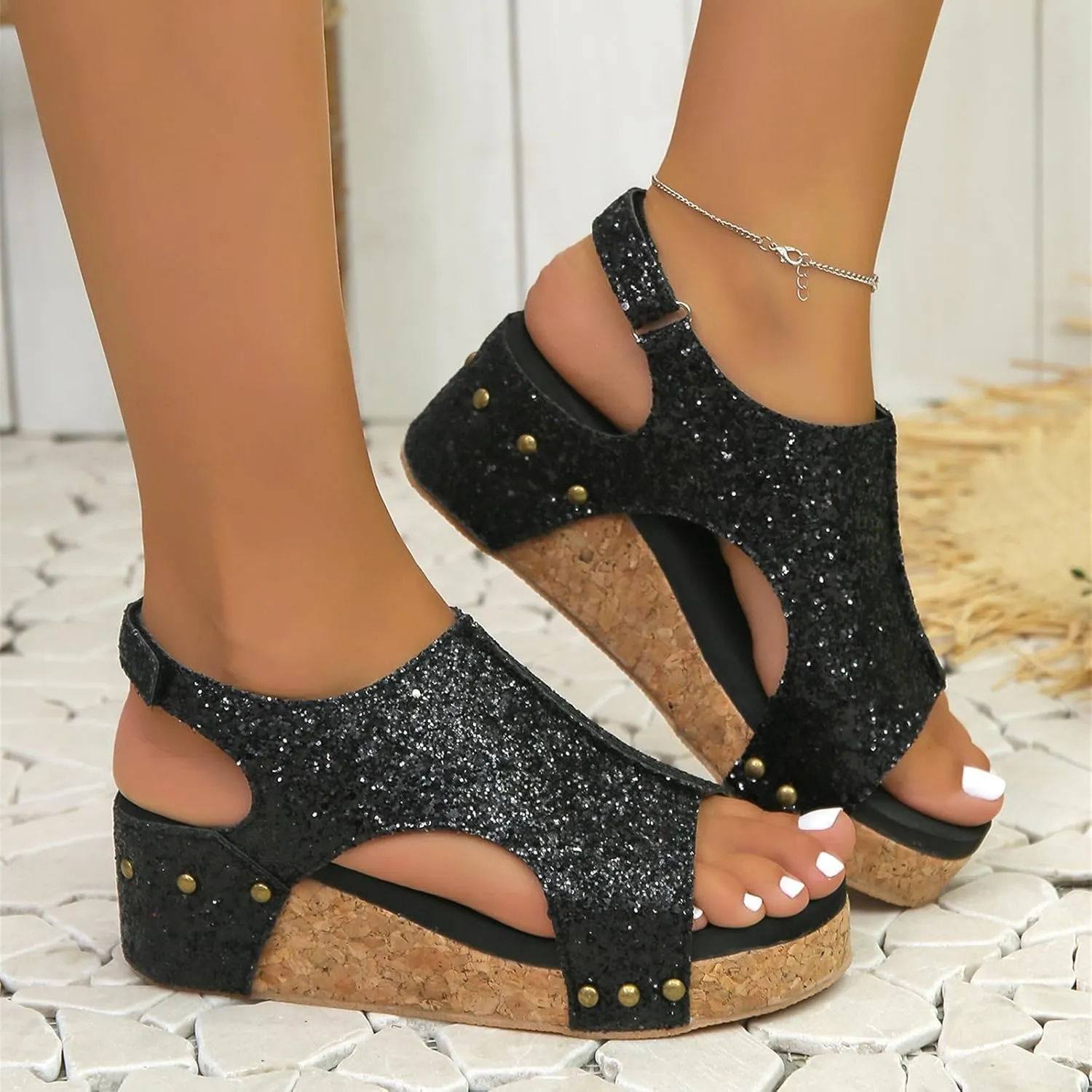Ladmiple Womens Sandals Comfortable Dressy Wedge Heel Open Toe Ankle Strap Rhinestone Flatform Platform Summer Dress Shoes