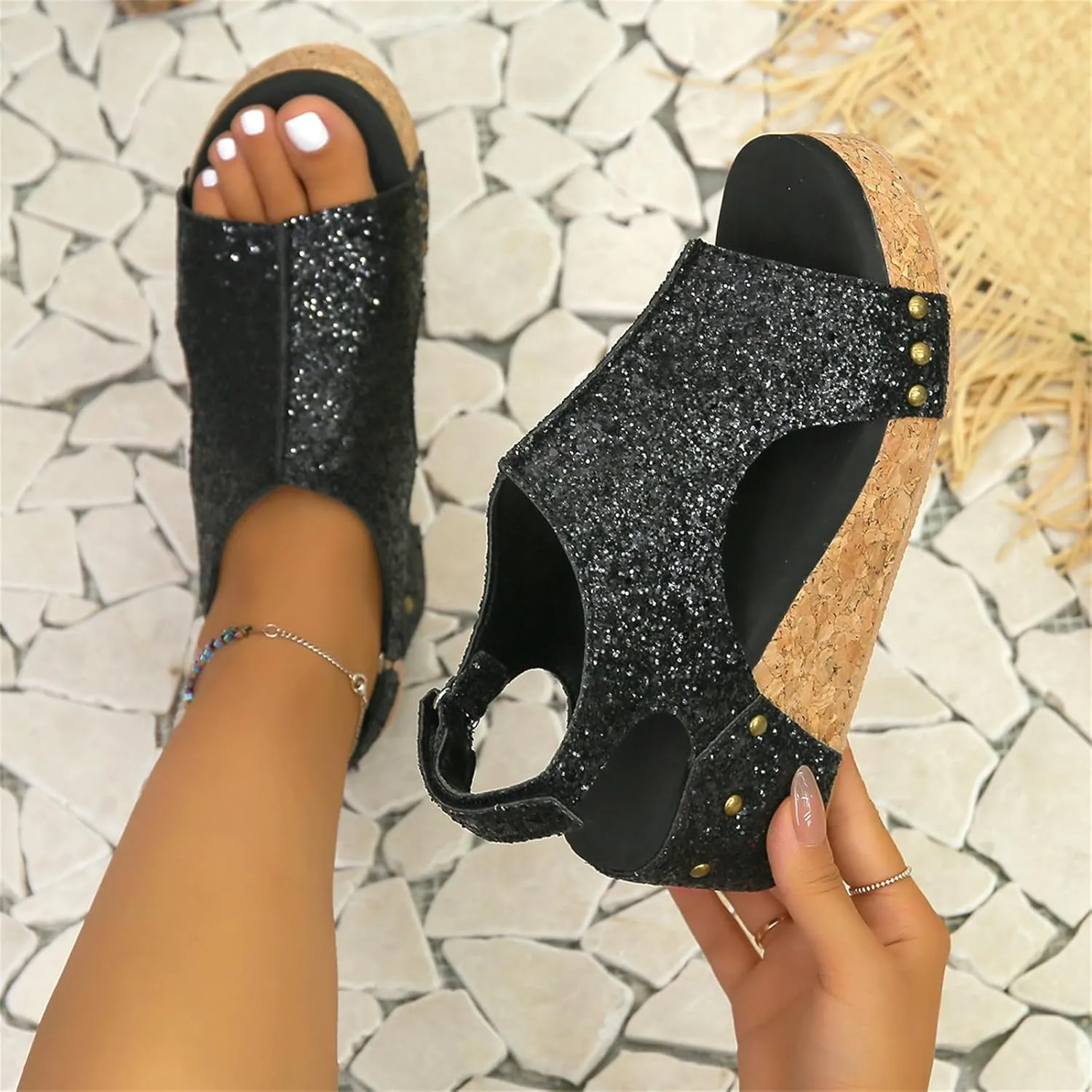 Ladmiple Womens Sandals Comfortable Dressy Wedge Heel Open Toe Ankle Strap Rhinestone Flatform Platform Summer Dress Shoes