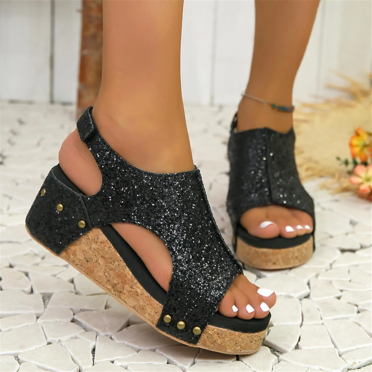 Ladmiple Womens Sandals Comfortable Dressy Wedge Heel Open Toe Ankle Strap Rhinestone Flatform Platform Summer Dress Shoes