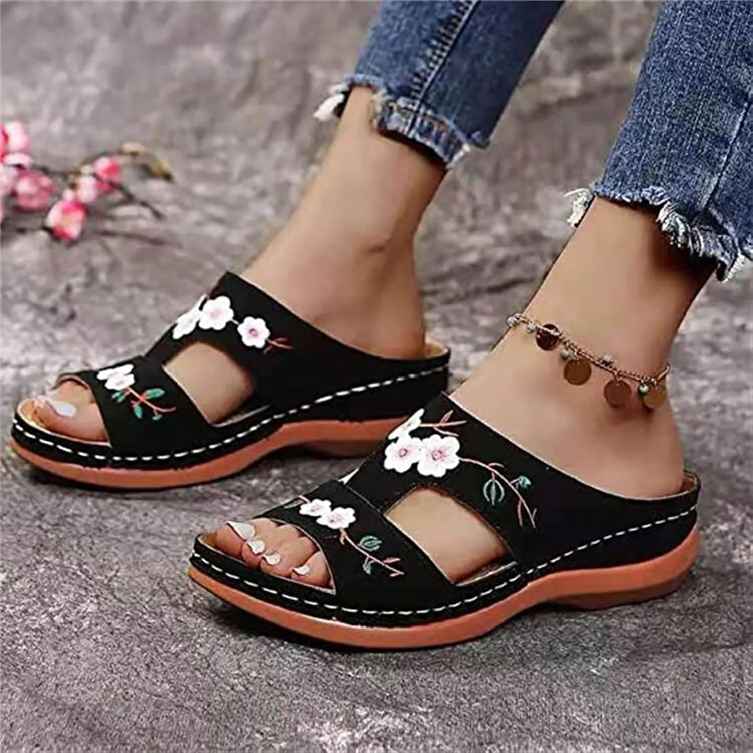 Lausiuoe Sandals Women Dressy Summer Flat Arch Support Fashion Orthotic Slides Comfy Slip On Orthopedic Slippers Flip Flops