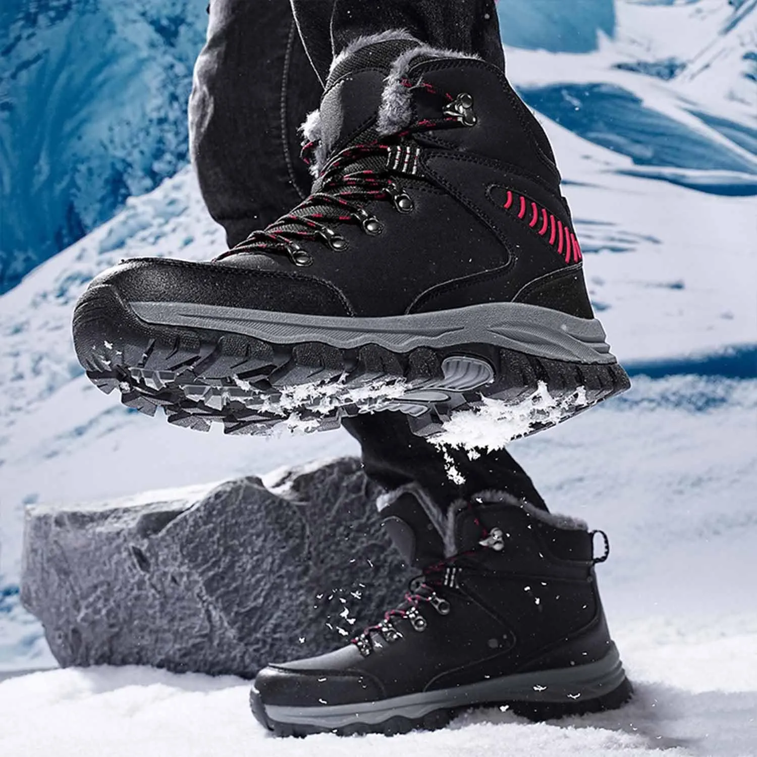 MEBAMY Men's Snow Boots Lightweight Black Hiking Winter Boots Fur Lined Anti-slip Cold Weather Shoes Furry Outdoor Snow Boot