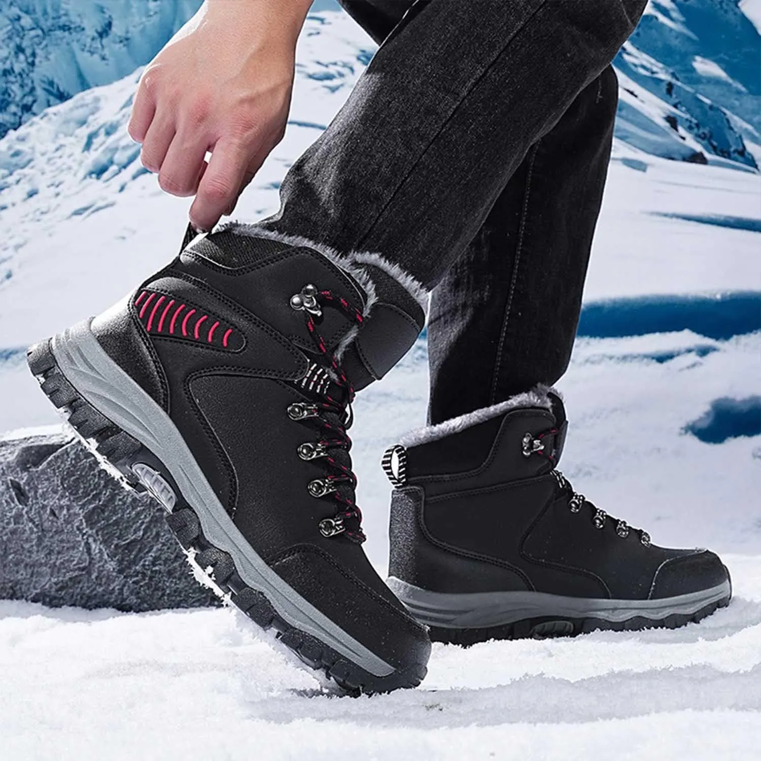 MEBAMY Men's Snow Boots Lightweight Black Hiking Winter Boots Fur Lined Anti-slip Cold Weather Shoes Furry Outdoor Snow Boot