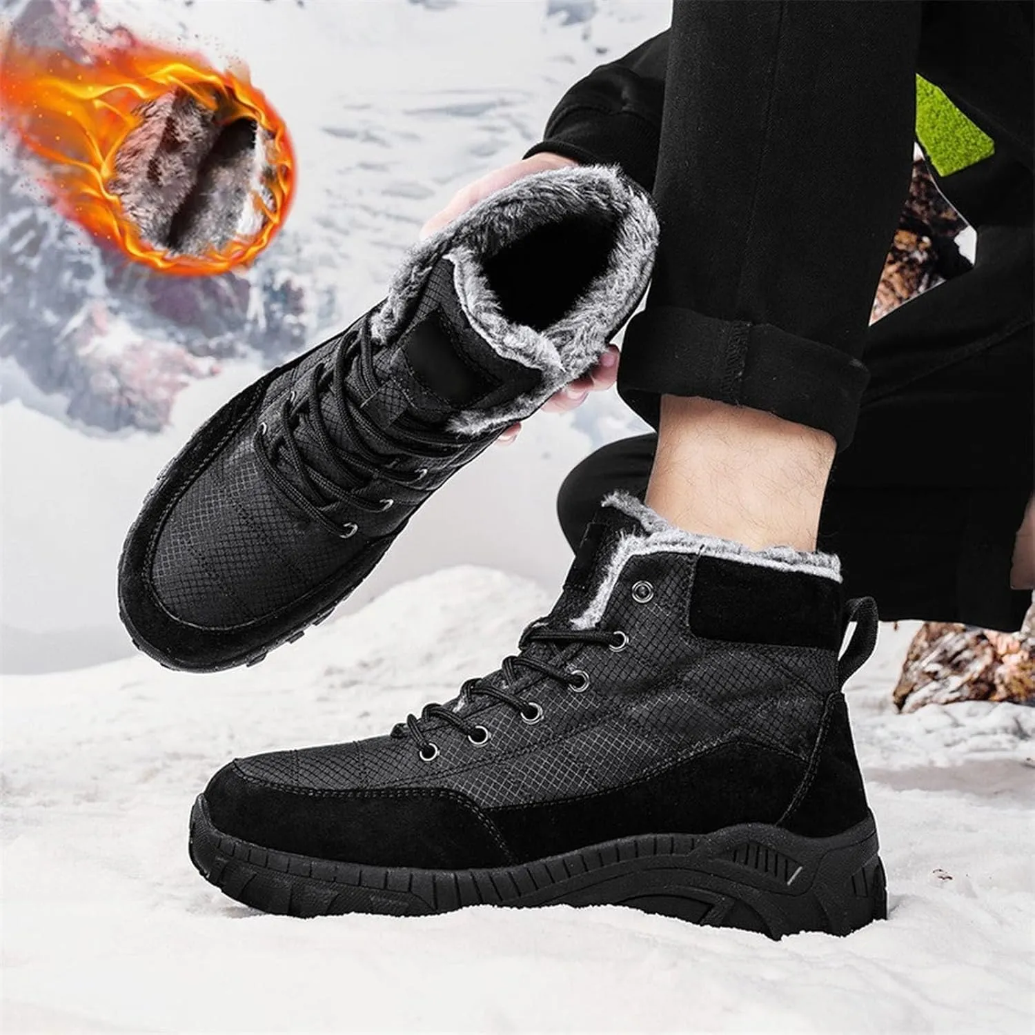 Men Work Boots Soft Toe Hiking Sneakers Warm Fur Lined Womens Safety Toe Shoes Slip On Waterproof Outdoor Shoes Lightweight Hike Grounded Footwear