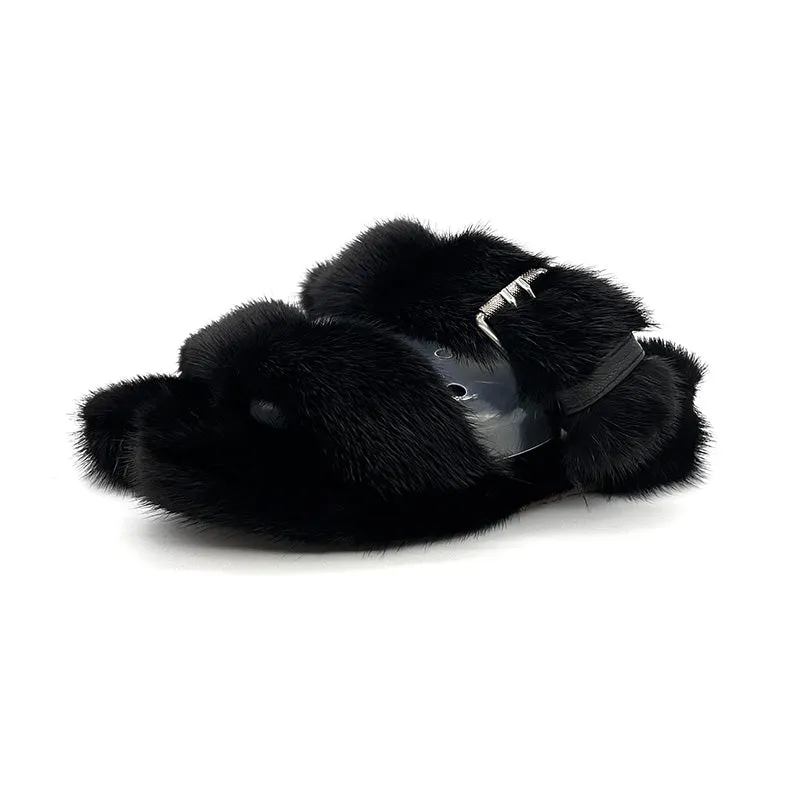 Mink Sandals Fur Flat Slides