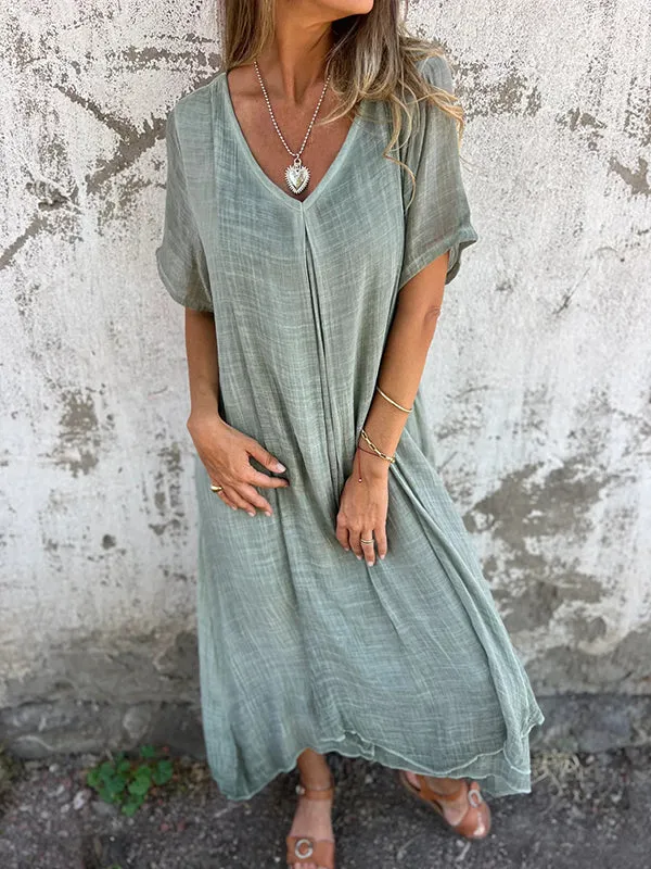 Naia™ – Airy V-neck Dress in Cotton and Linen