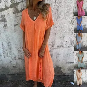 Naia™ – Airy V-neck Dress in Cotton and Linen