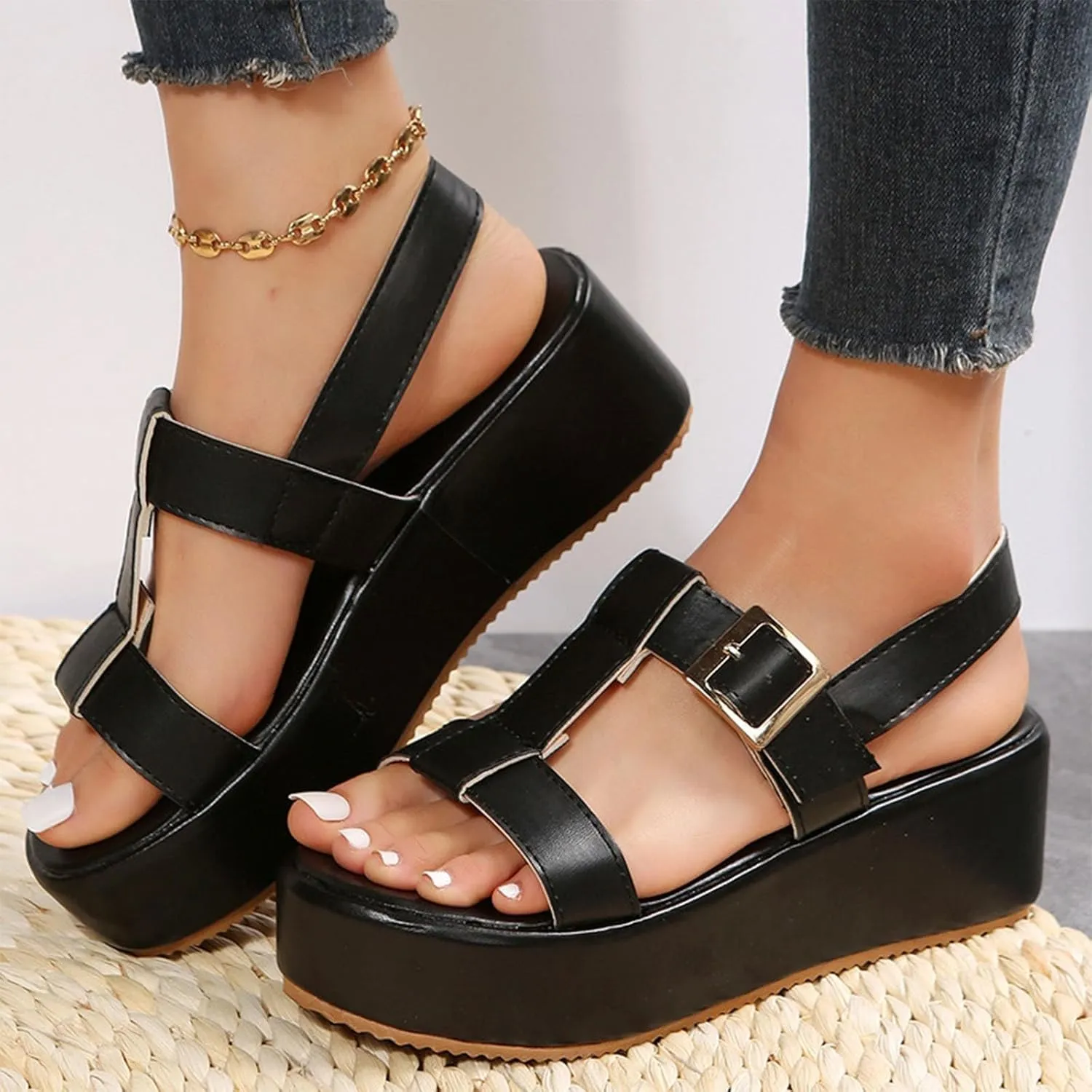 Platform Sandals Women Solid Color Leather Vamp Orthopedic Sandals Adjustable Ankle Buckle Sandal Open Toe Non-Slip Shoes High Heel Thick Sole Shoes