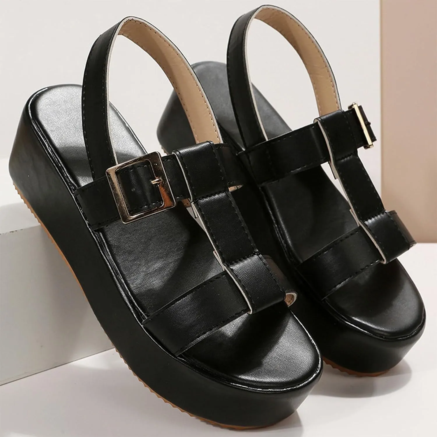 Platform Sandals Women Solid Color Leather Vamp Orthopedic Sandals Adjustable Ankle Buckle Sandal Open Toe Non-Slip Shoes High Heel Thick Sole Shoes
