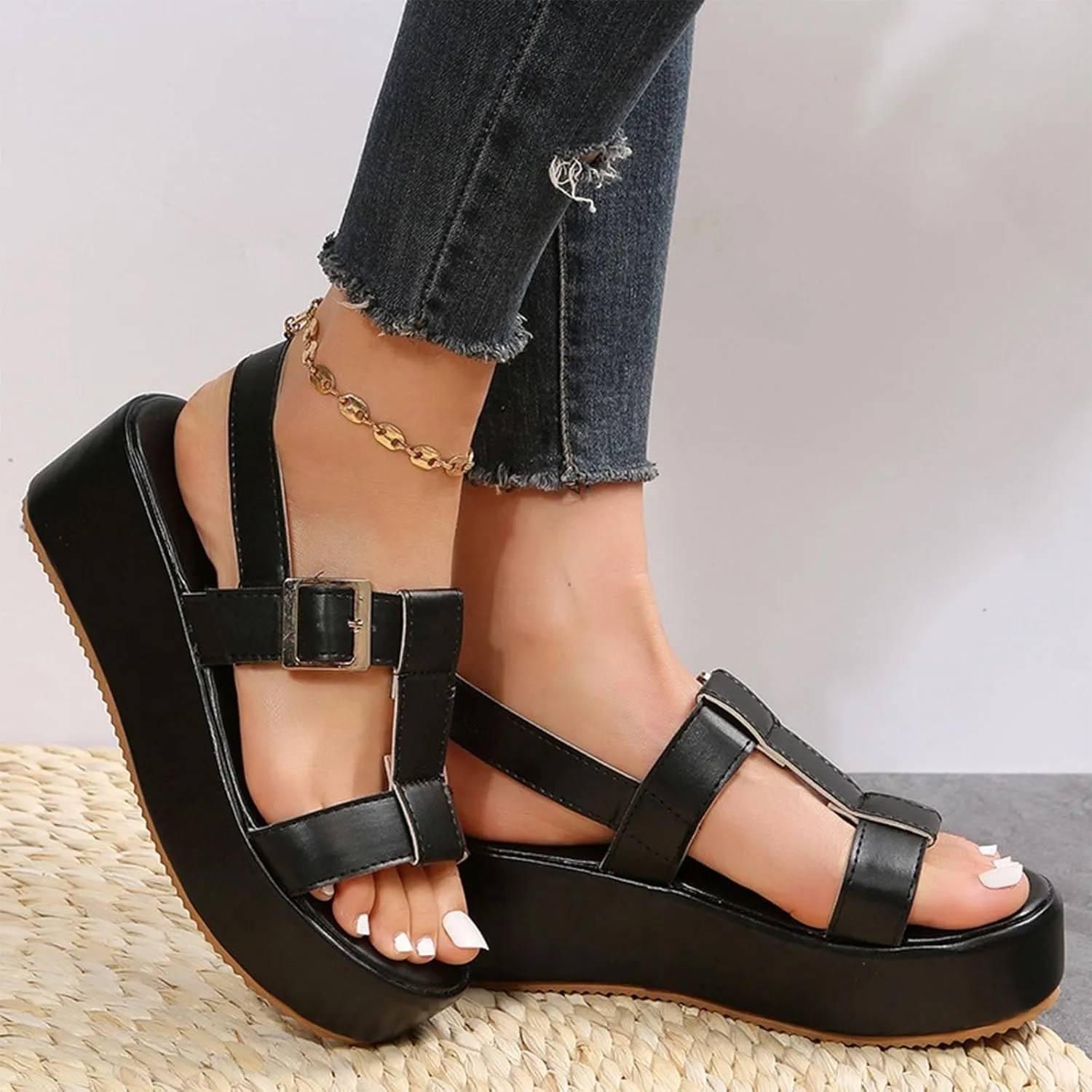 Platform Sandals Women Solid Color Leather Vamp Orthopedic Sandals Adjustable Ankle Buckle Sandal Open Toe Non-Slip Shoes High Heel Thick Sole Shoes